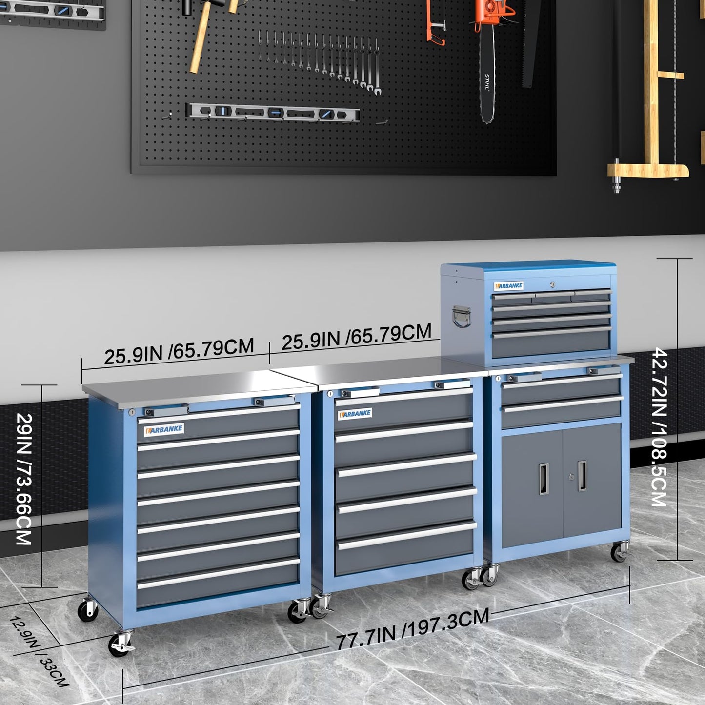LARBANKE 3 Different Types Tool Chest Combination,Rolling Tool Chest with Stainless Countertop,Tool Cabinet with Connection Buckle,Wheels and Foot Pads,Portable Tool Box Inside