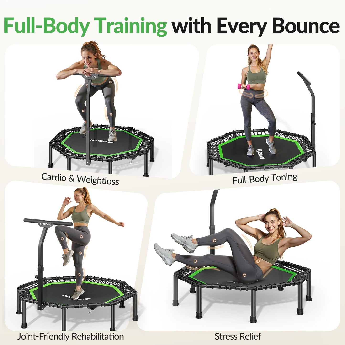 BCAN BT3 51" Octagonal Rebounder Trampoline for Adults, 450LBS Max Load Fitness Trampoline with Large Jumping Area, Silent Bungee Mini Trampoline with T-Adjustable Handle for Home Gym-Green