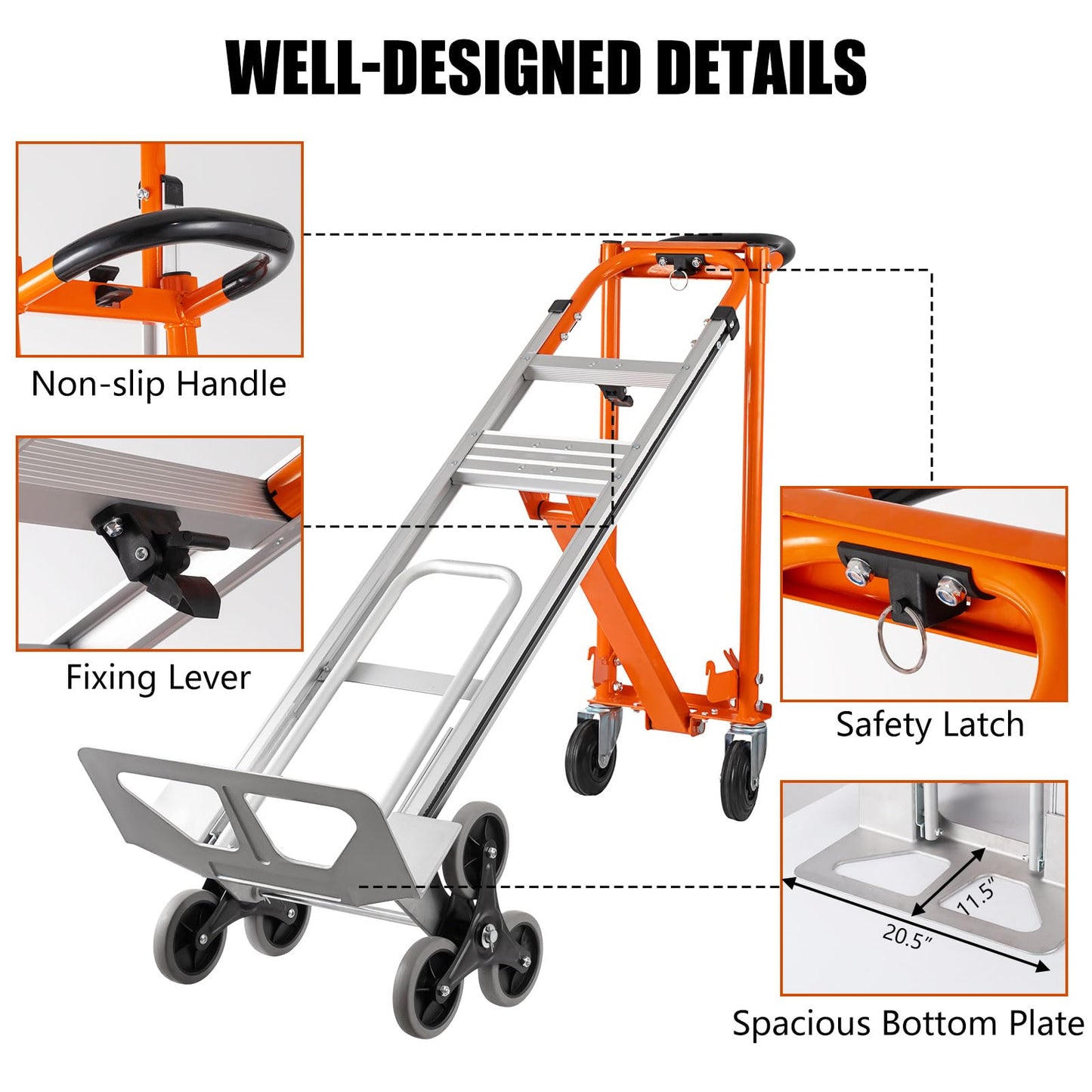Hitgrand 3in1 Aluminum Hand Truck 880 lb Capacity, Stair Climbing Cart Utility Cart Converts from Hand Truck Dolly to Platform Cart 3 Positions for Transport & Moving with 10" Rubber Wheels