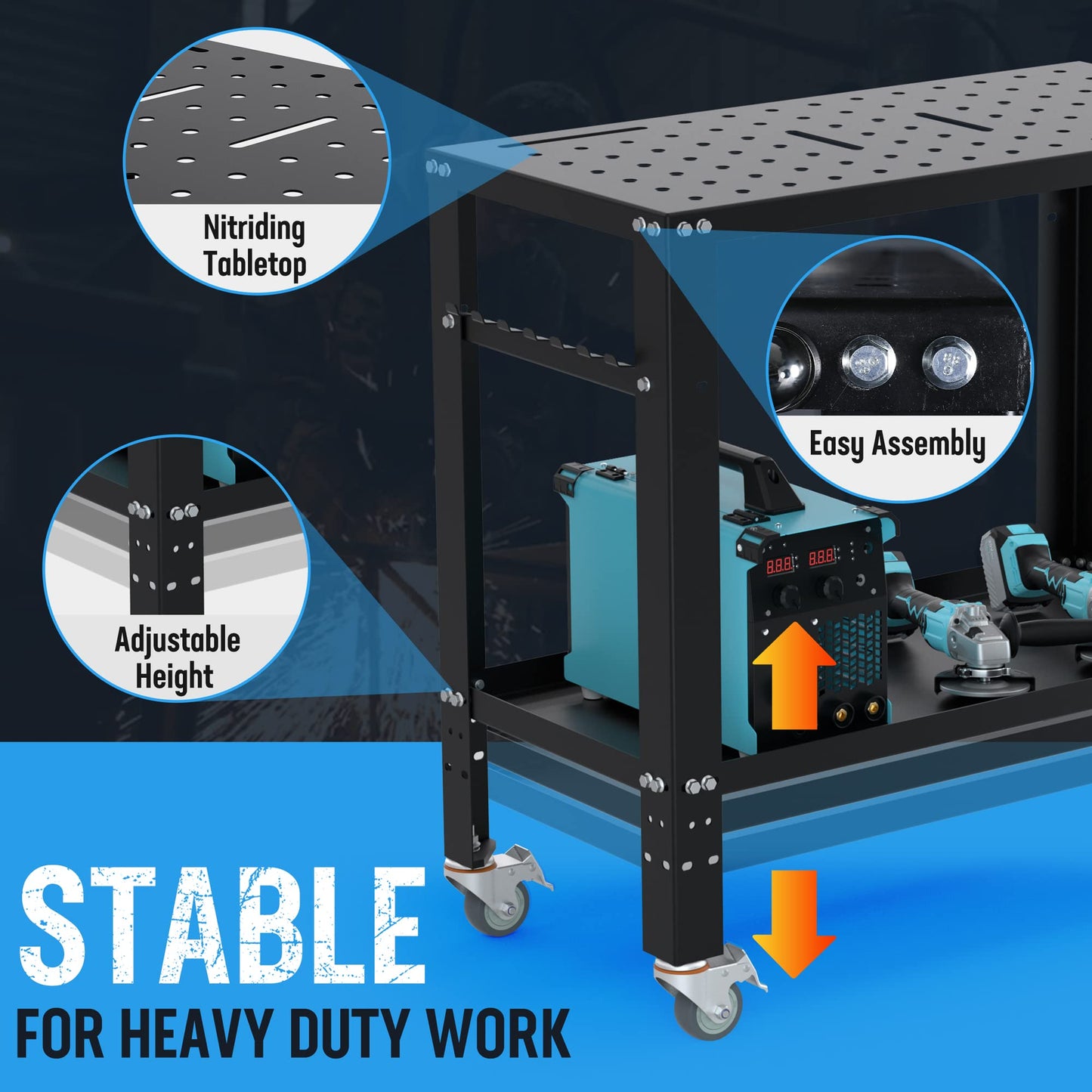 WORKPRO 36”×18” Welding Table, 1200 lbs Load Capacity, Nitriding Tabletop, Portable Welding Table with 5/8" Holes on Top, Welding Cart, Casters with Brakes