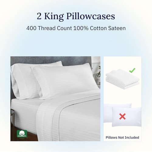 California Design Den King Size Pillowcase Set - 400 Thread Count, 100% Cotton Sateen, Soft & Breathable | Striped Bright White