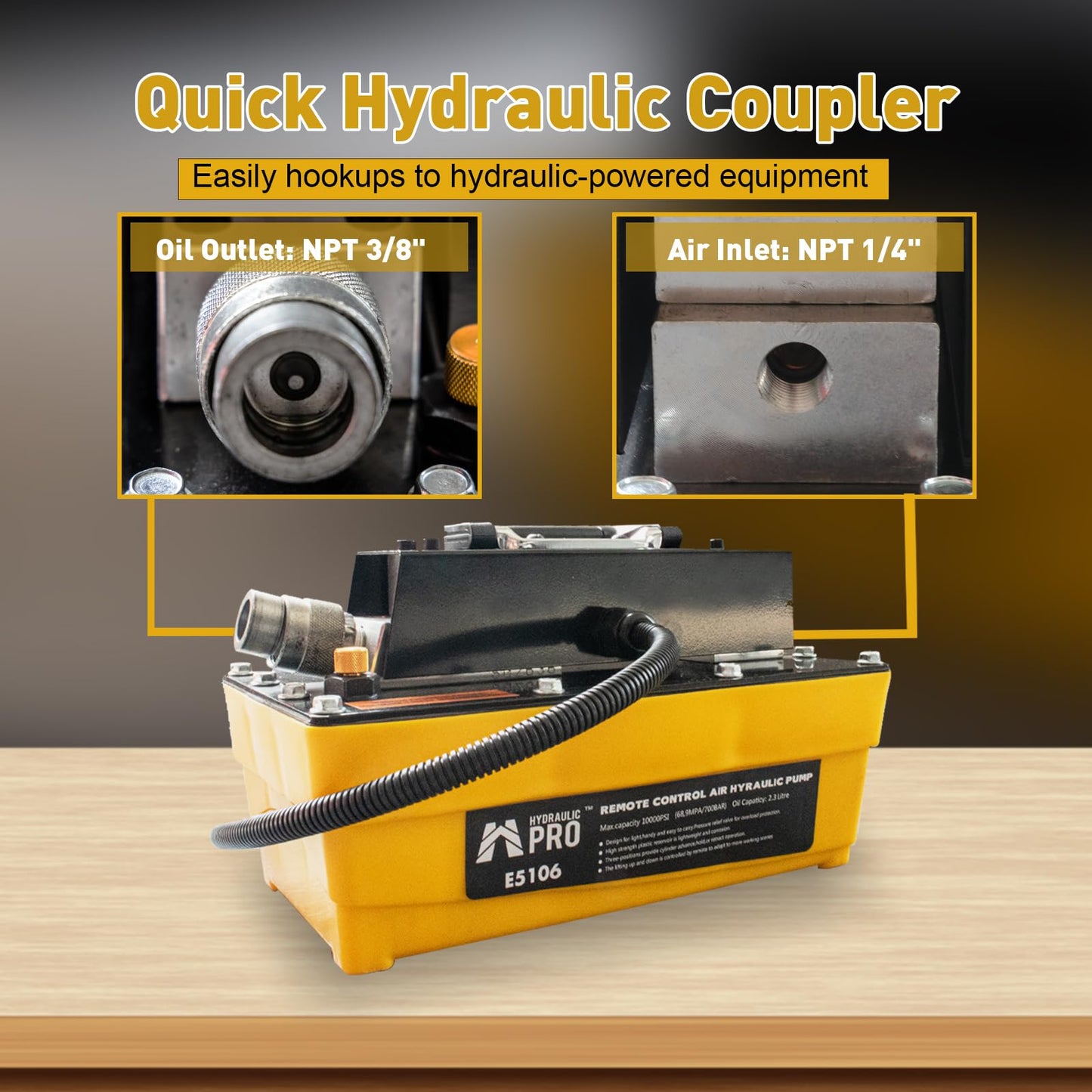 HYDRAULIC PRO 10,000 PSI Air Hydraulic Pump with 9.8 ft Remote Control, 2.3L Reservoir, NPT 3/8" Oil Outlet, NPT 1/4" Inlet, for Auto Body Frame Machines, Hydraulic Press