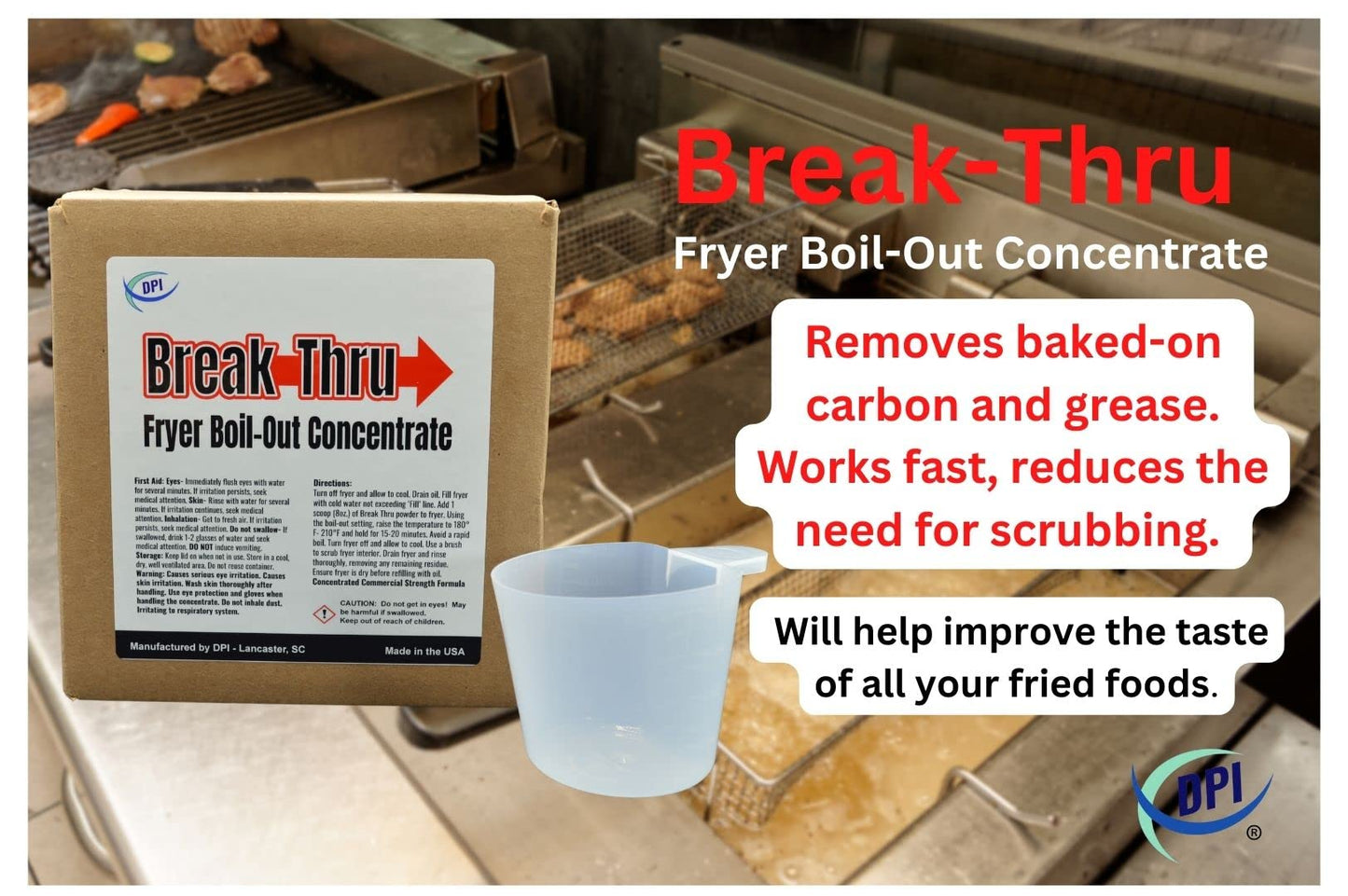 DPI Break-Thru Fryer Boil Out Cleaner, Powder Concentrate for Deep Fryers, Removes Grease and Carbon Deposits, Easy Use Scope Included, 26 Cleaning Cycles Per Box.