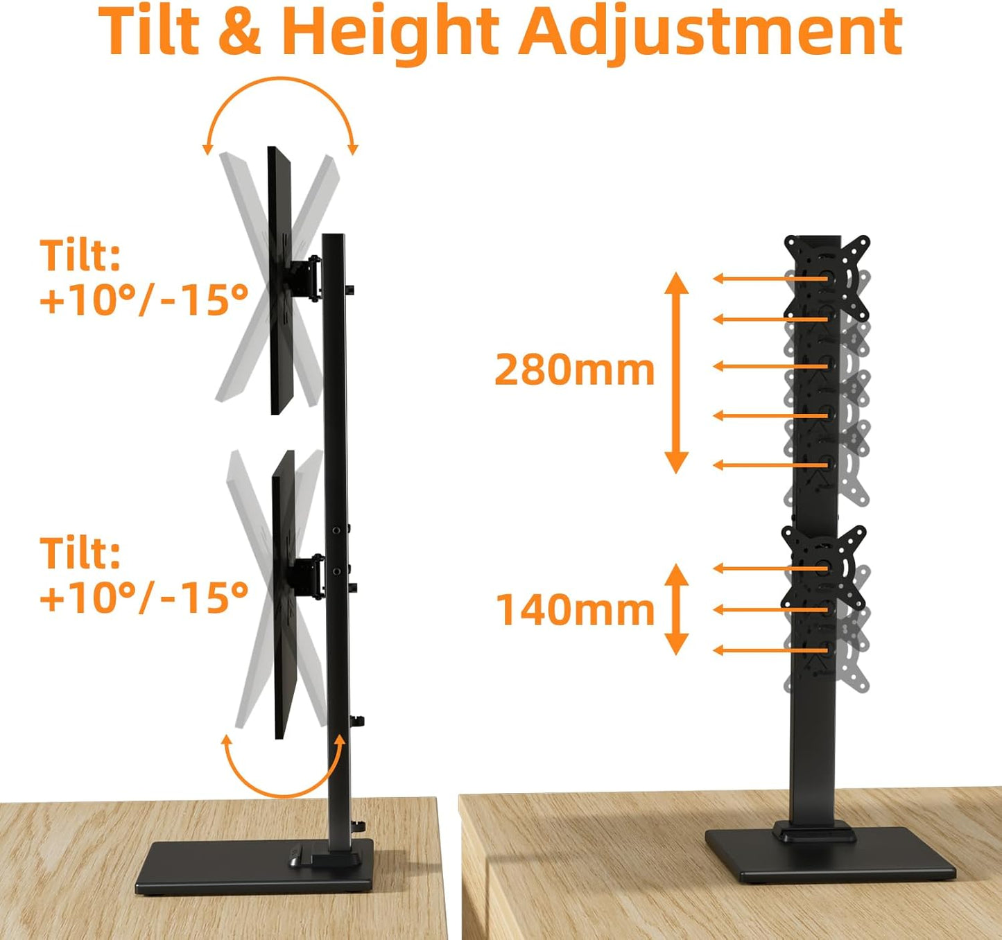 suptek 13 36Inch Adjustable,50,75 100mm Dual Monitor Stand with Base- Vertical Stack Screen Free-Standing Monitor Riser