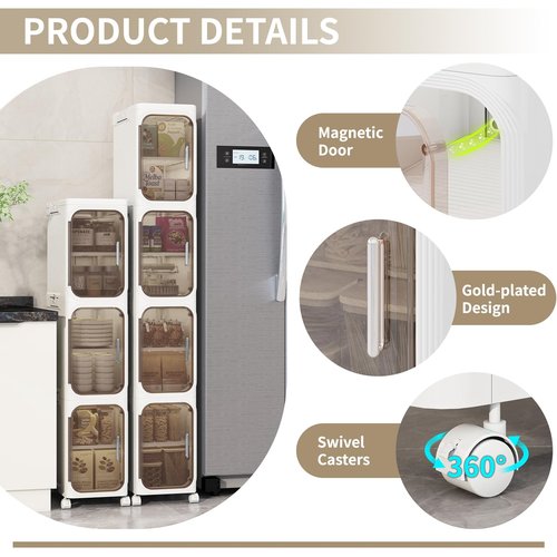 KHNR 4-Tiers Slim Bathroom Storage Cabinet, Foldable Storage Cabinets,Narrow Bathroom Storage,Movable Bathroom Storage Organizer for Small Spaces,Bathroom,Kitchen,Laundry,White
