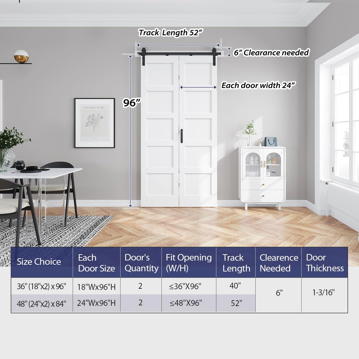 FREDBECK Bifold Barn Door 48x96 (Double 24x96) Bi-fold Closet Doors Hardware Kit Included,with 52" Track White