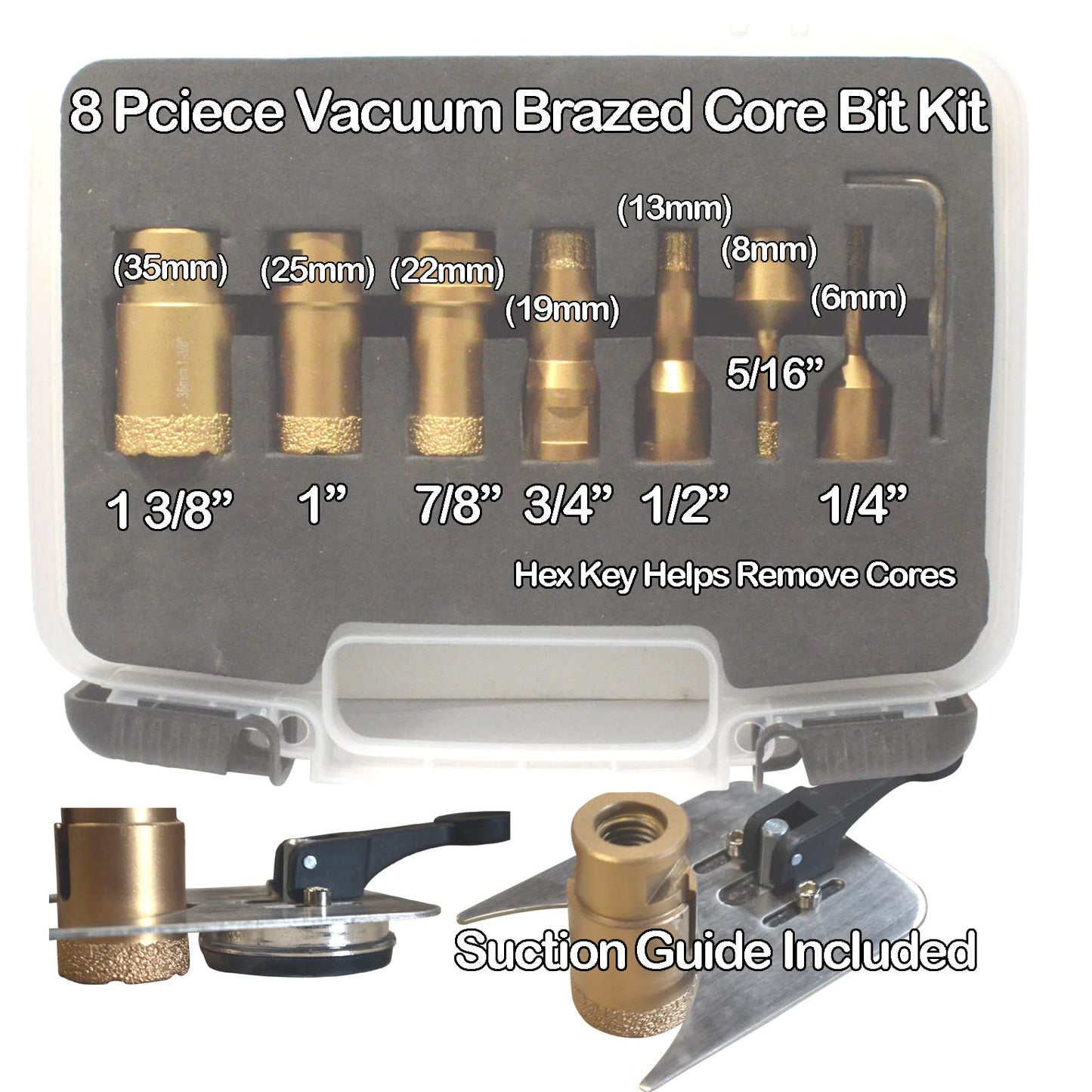 Diamond Hole Saw Core Drill Bit Kit for Concrete Porcelain and Granite in Case 8 Piece 1/4, 5/16,1/2,3/4,7/8,1,1 3/8 fits Angle Grinder