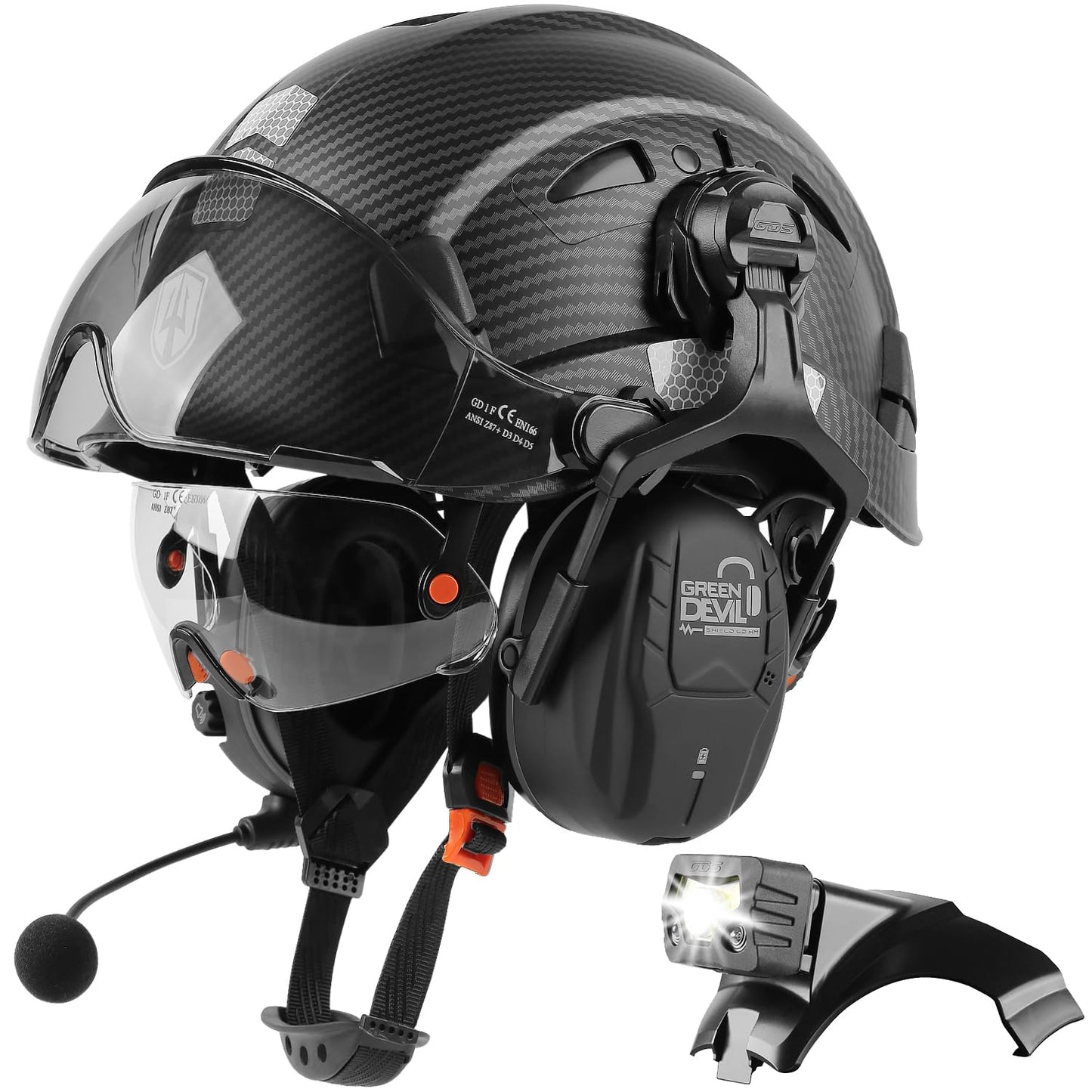 GREEN DEVIL Hard Hat Safety Helmet with Visor Bluetooth Ear Muffs and Headlamp 5 in 1 Full Protection Vented Work Hardhat ANSI Z89.1 Cascos De Construccion for Industrial Construction Forestry