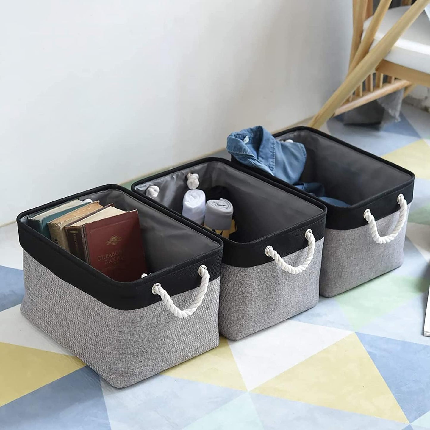 TheWarmHome Collapsible Storage Bins - Large 3-Pack Fabric Organizers with Rope | 16x12x8 Inch (Black & Grey)