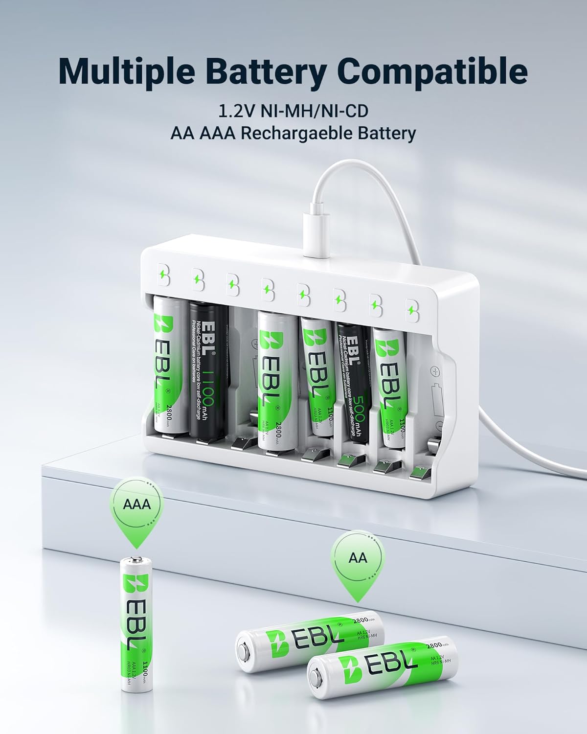 EBL 2800mAh (4 Pack) 1100mAh (4 Pack) 8-Bay Rechargeable AA Batteries and AAA Ni-MH Rechargeable Batteries with AA AAA