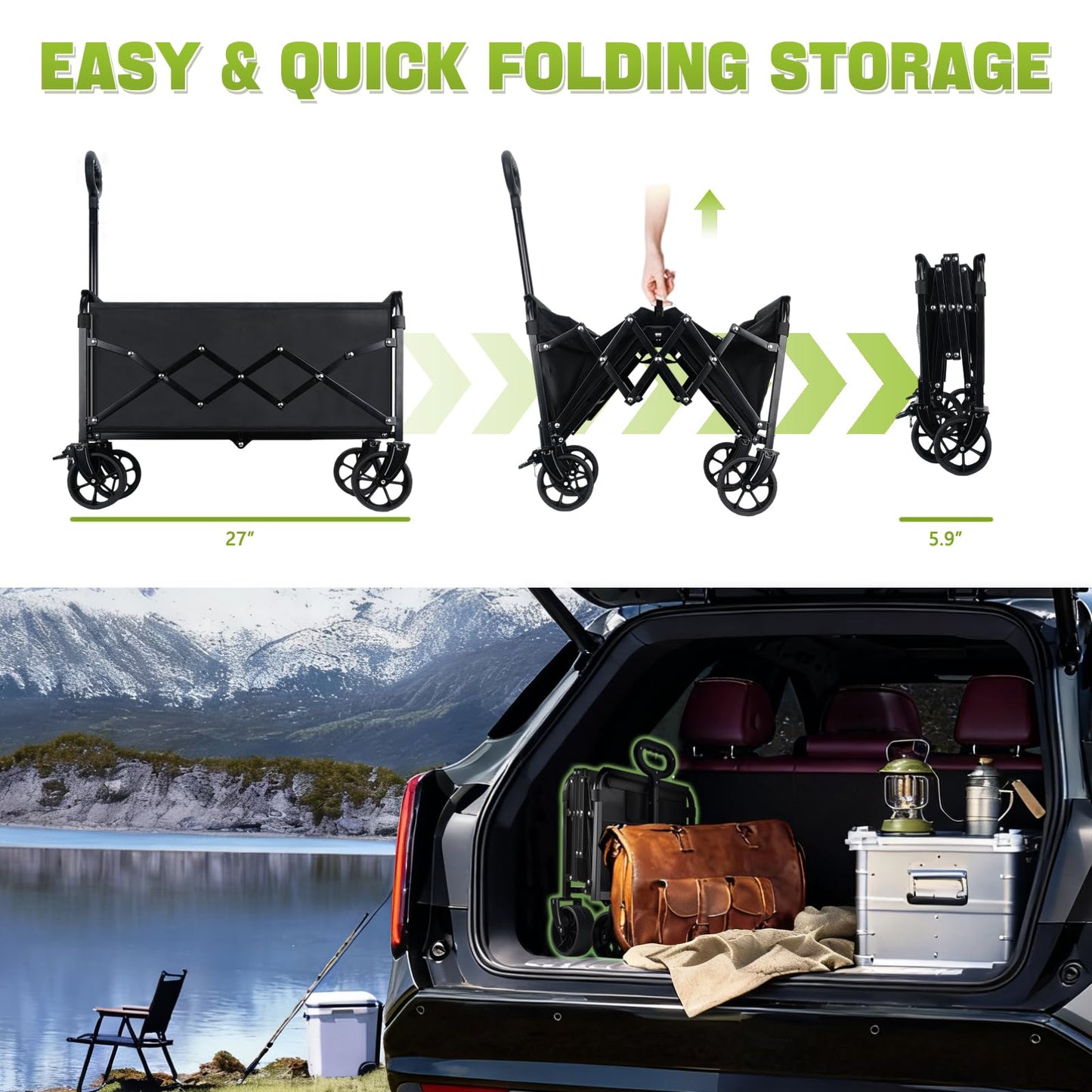 Collapsible Folding Wagon Cart with Wheel - 360LBS Heavy Duty Foldable Wagon Carts with All Terrain Wheels & breakes, Portable Lightweight Wagon Cart for Sports/Groceries/Camping/Fishing/Gardening