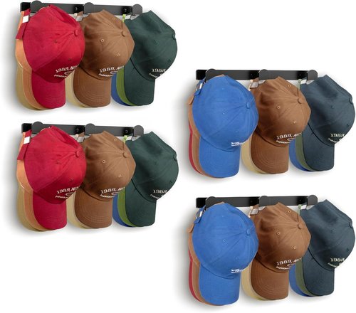 KIMBORA Hat Rack - Wall-Mounted Organizer for 36 Baseball Caps | 4 Packs with 3 Mounting Options (Black)