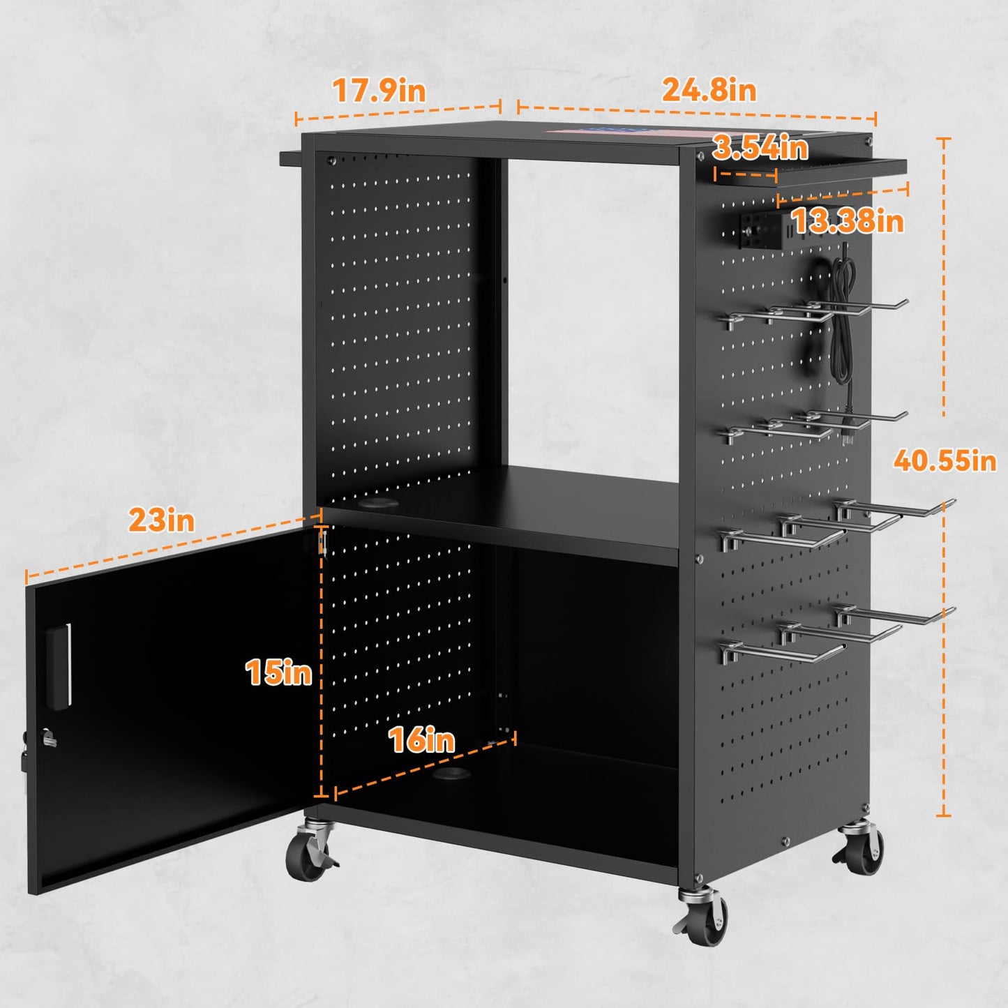 Mobile AV Cart, Heavy Duty Rolling Computer Cart with Push Handle & Hooks – Locking Cabinet, Pegboard, 4 Outlets, Lock Brake Casters – Media Utility Cart on Wheels for Office/Classroom