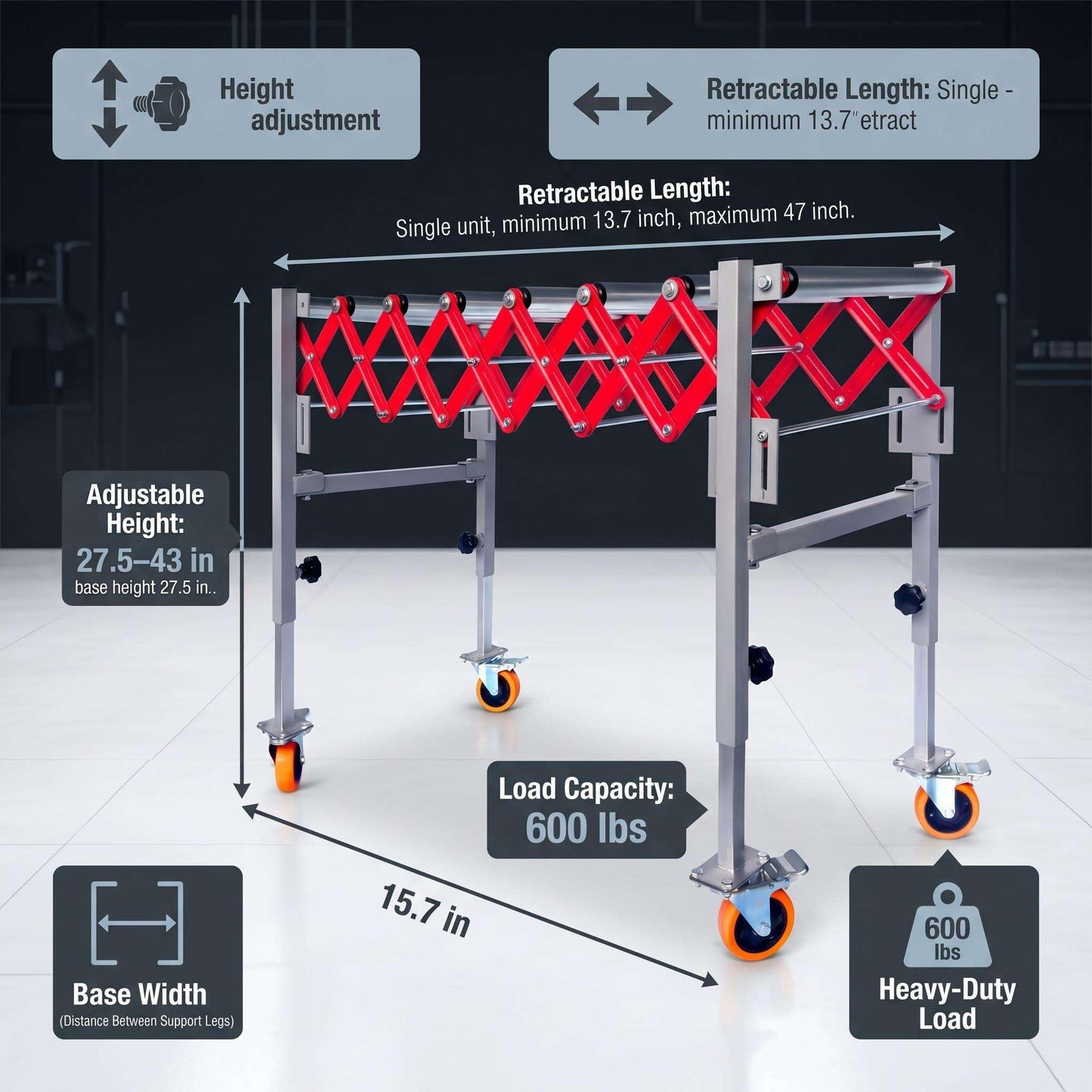 Expandable Roller Conveyor, Portable Material Handling Stand with Locking Casters, 27.5''-43'' Adjustable Height, 600 lbs Capacity Roller Conveyor for Packing Shipping and Roller Conveyor Support