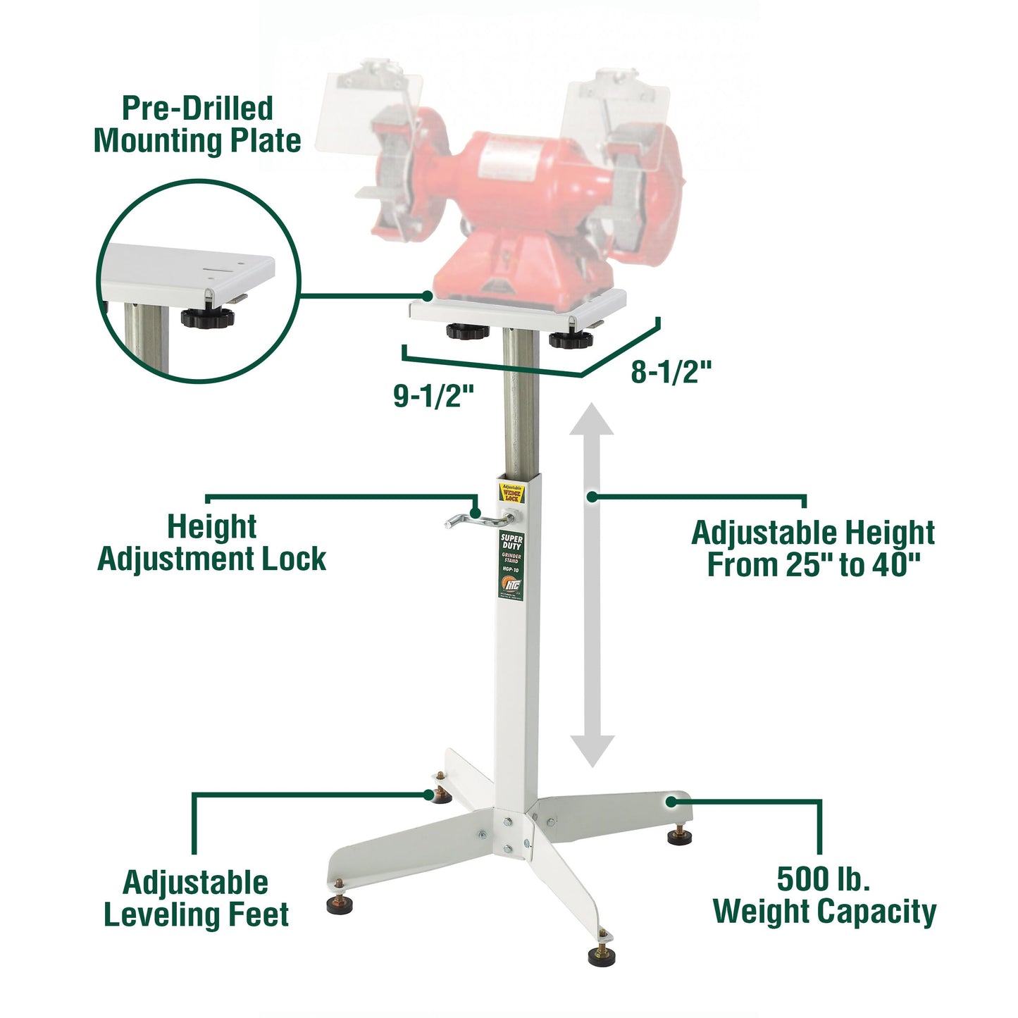 HTC Bench Grinder Stand Adjustable Height From 25 to 41 Inch Heavy Duty 500 lb Capacity Universal Power Tool Stand White HGP-10