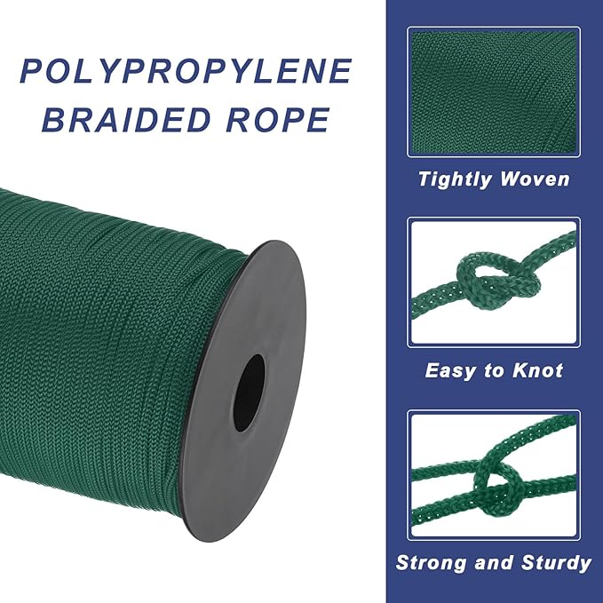 MECCANIXITY 1/8 Inch Polypropylene Rope Braided Ropes, 328ft Nylon Rope Hollow Utility Cord for Clothesline, Camping, Hiking, Outdoor, Ink Green