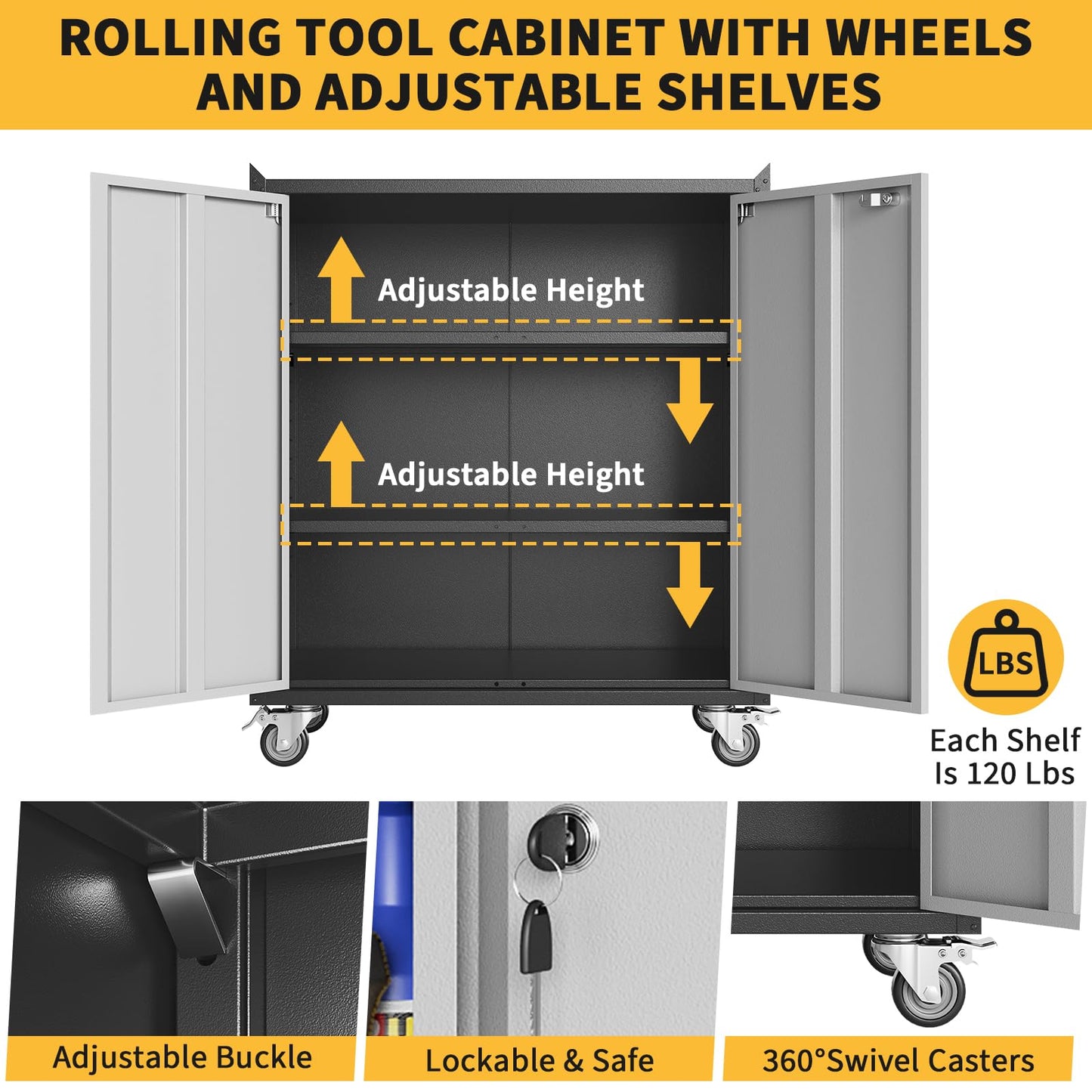 ExploreHorizon 35.43" High Heavy Duty Garage Storage Cabinet, Locking Metal Cabinet with Door, Rolling Tools Chest Cart Adjustable Shelf, Tool Cabinets for Home Office Workshop