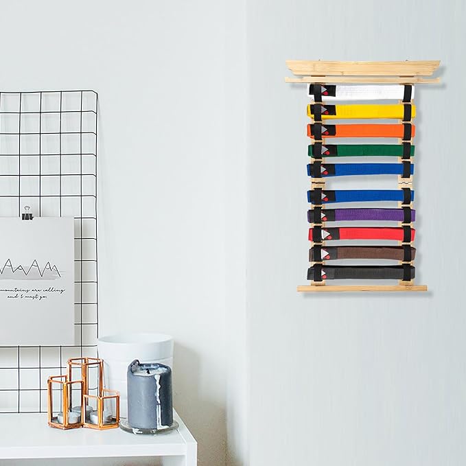 JUXYES Wall Hanging Martial Arts Belts Organizer for 10 Belts with Medal Hanger and Stickers, Bamboo Karate Belt Display Holder Rack, Taekwondo Belt Display Holder for Martial Arts Learners