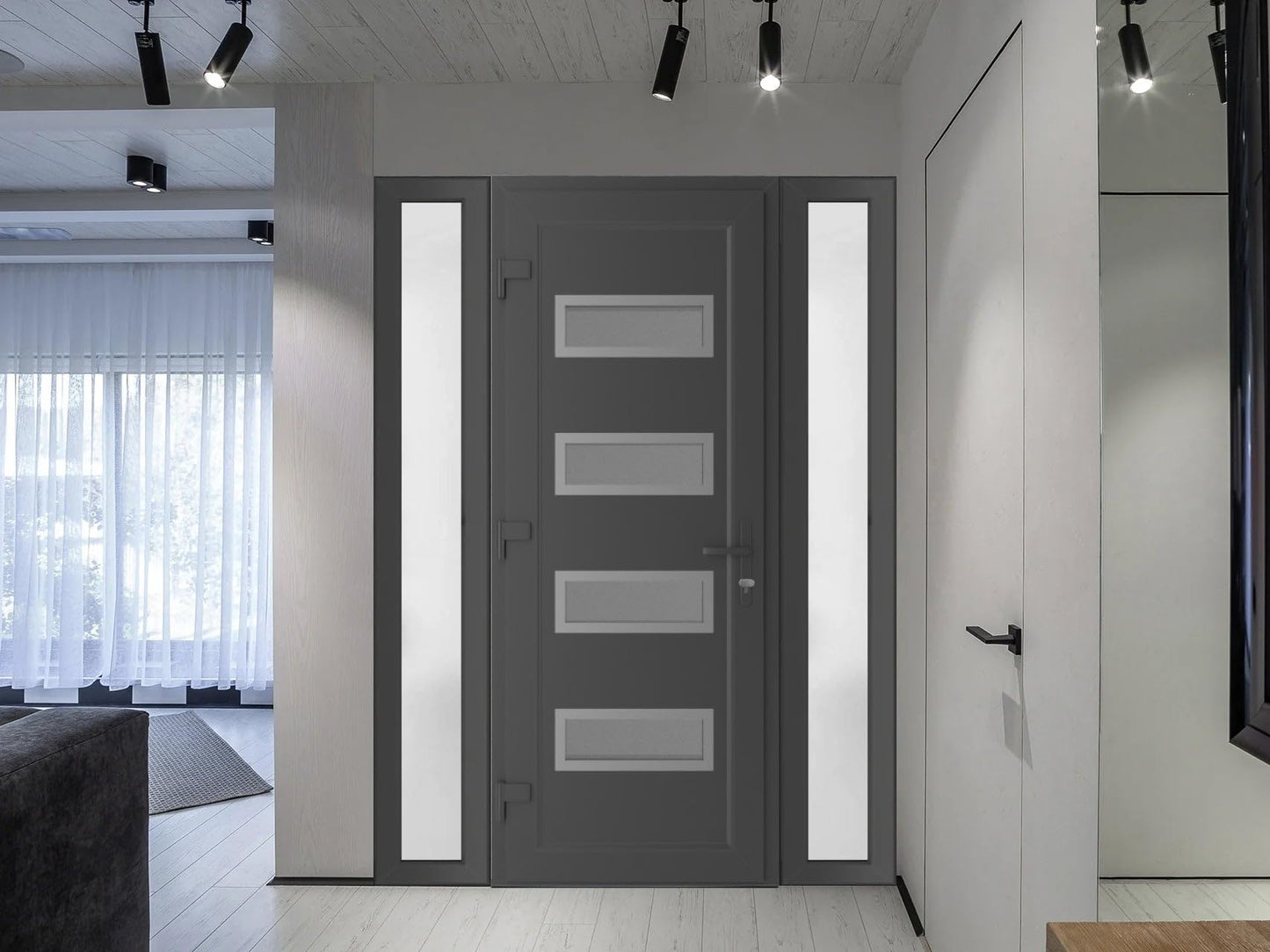 VDOMDOORS Front Exterior Prehung Metal-Plastic Door Frosted Glass | Manux 8113 Antracite Grey | 2 Side Sidelite Transoms | Doors Entrance Patio Garage 60 x 80 (W12+36+12 x H80) Right-Inswing