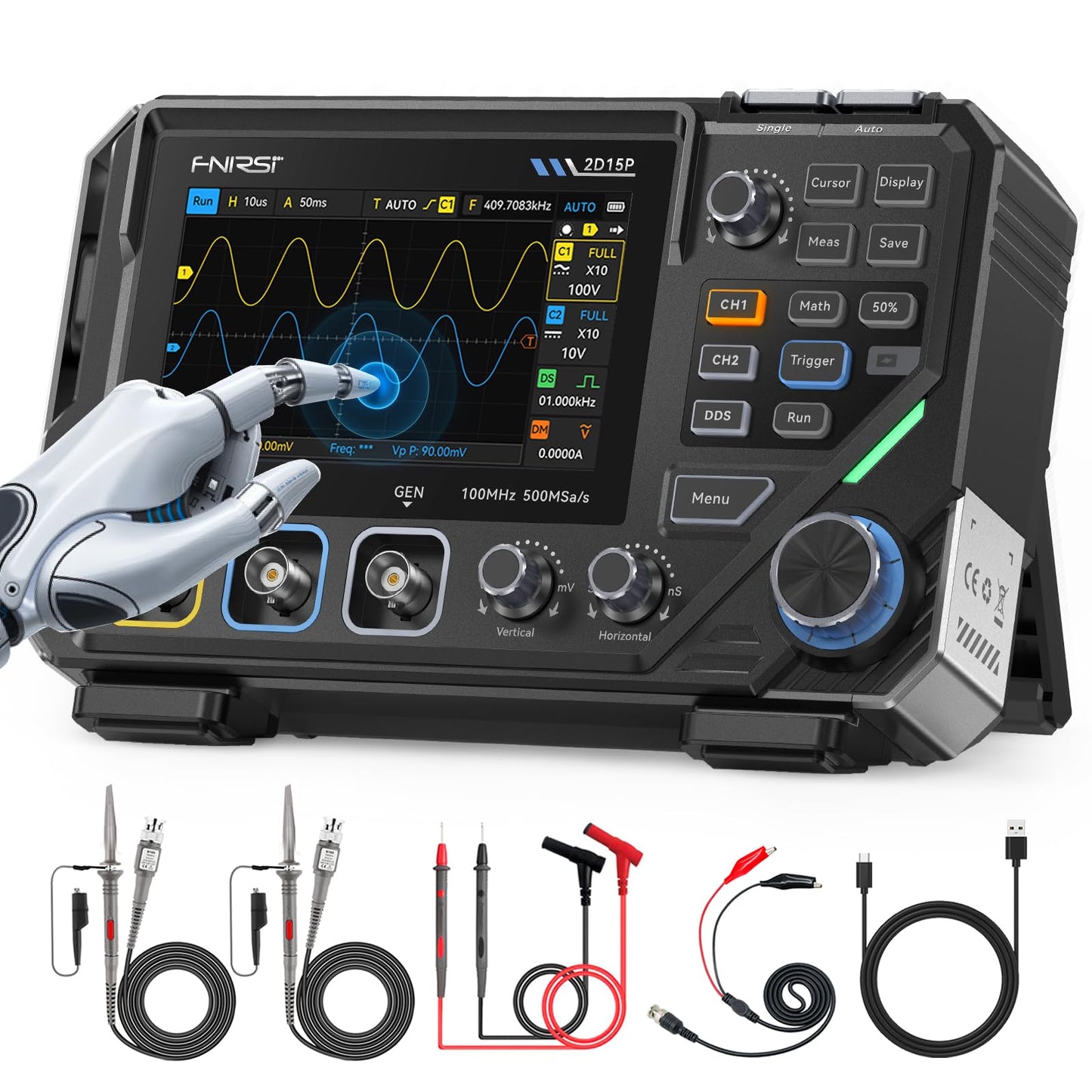 FNIRSI 2D15P 100MHz Digital Oscilloscope Multimeter DDS Signal Generator 3 in 1, 2CH Automotive Oscilloscope Multimeter 19,999 TRMS Counts, 500MS/s Sampling, 4.3'' Touch Screen