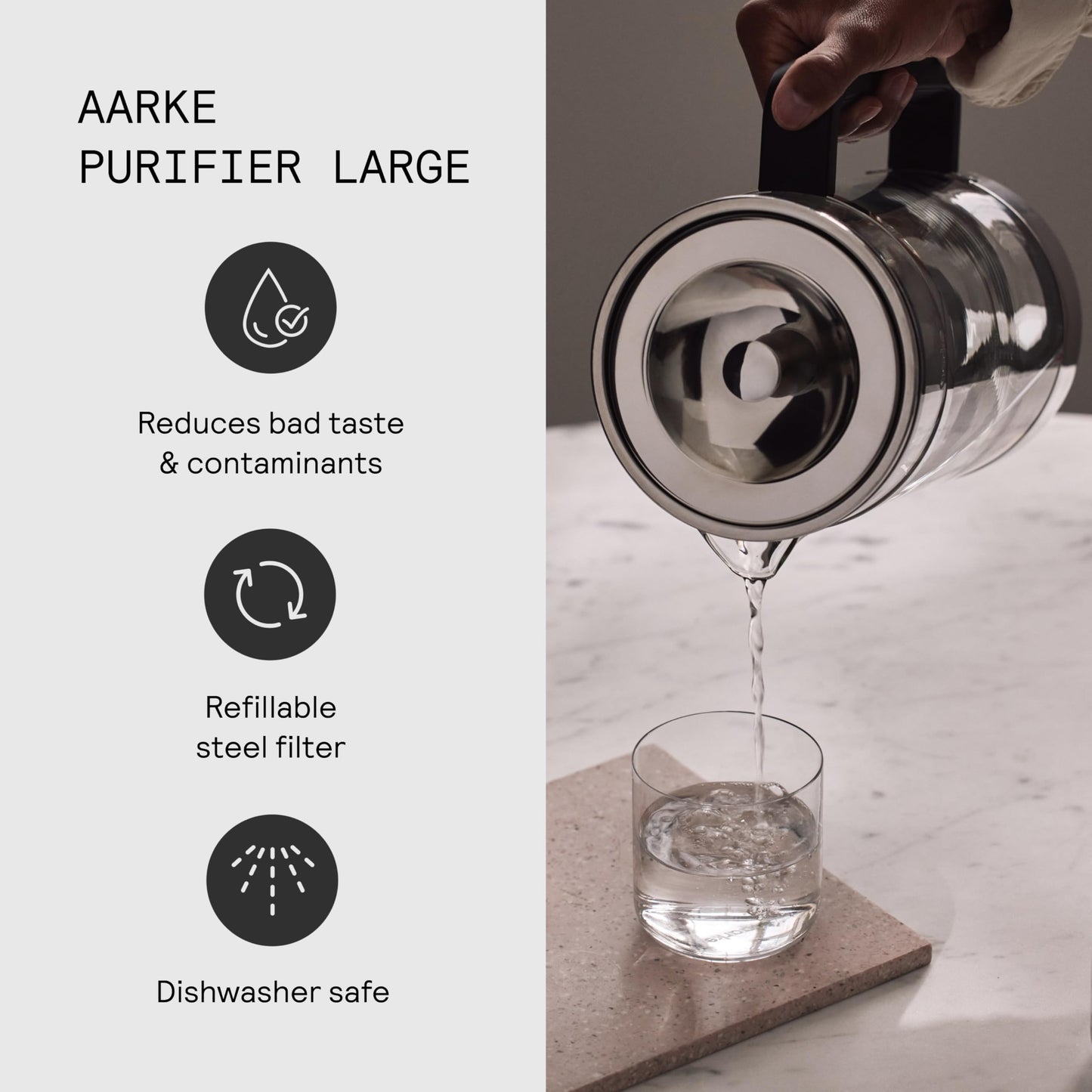 Aarke Purifier - Premium Glass and Stainless Steel Water Filter Pitcher, Refillable Filter System and Granules, 2.8L Pitcher with 1.66L Filtration Capacity