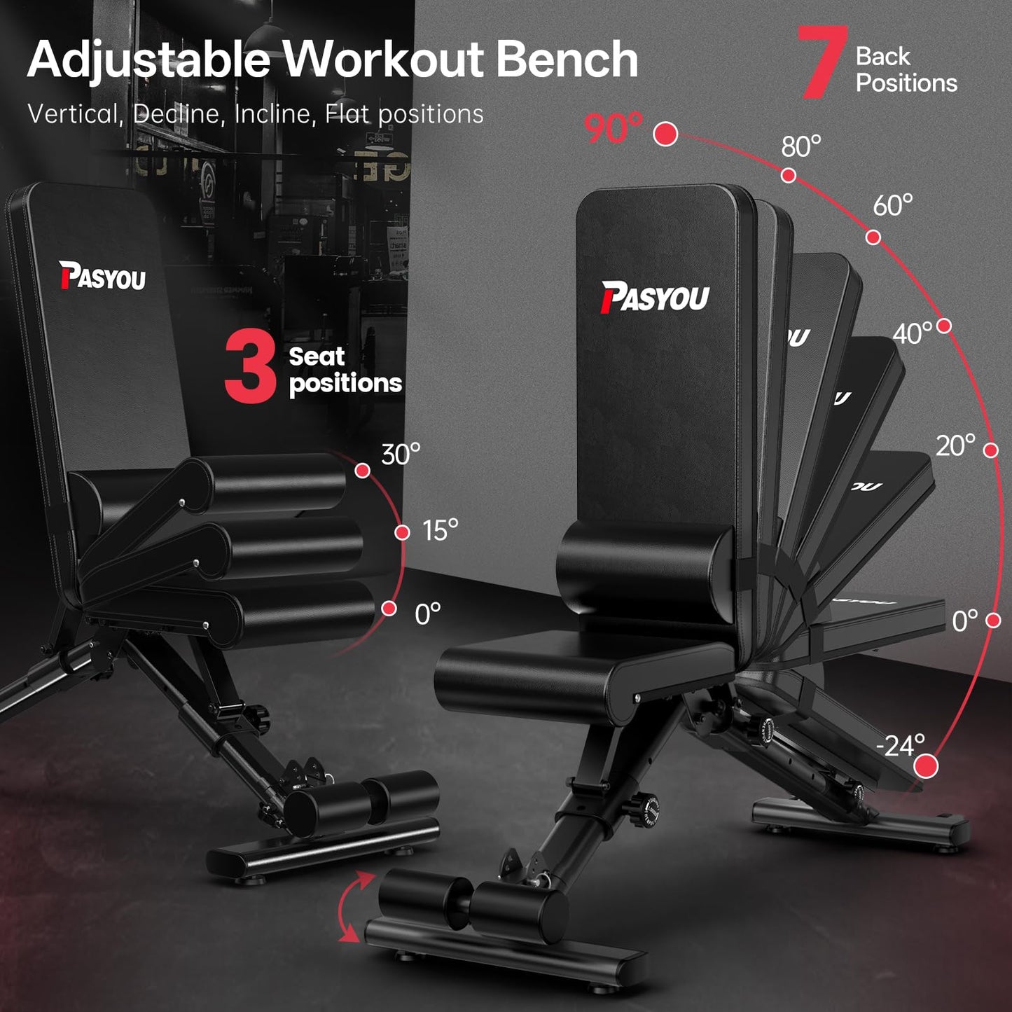 PASYOU Adjustable Weight Bench for Home Gym, Foldable Strength Training Bench with 880 lb Capacity, Incline Decline Flat Positions with Lumbar Support, Compact Workout Bench for Small Spaces