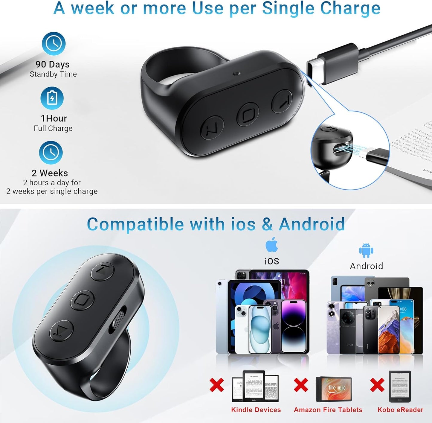 Kefotic Wireless Ring Remote for iPhone Android Camera with Zoom. Phone Front/Rear Camera Flip Shutter, Must Have