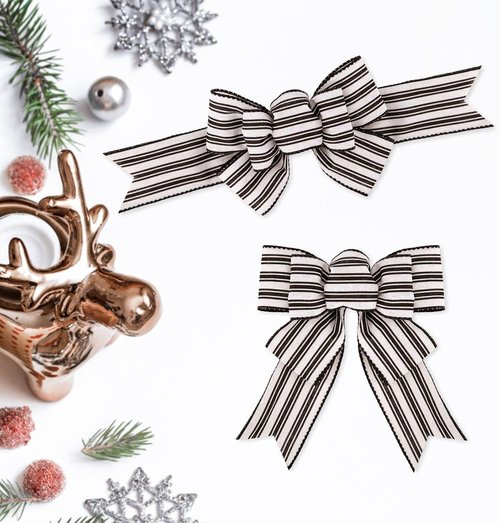 Meseey Wired Ribbon Bows - Handmade Black and White Striped Burlap for Wreaths & Gift Wrapping | 2 Pcs