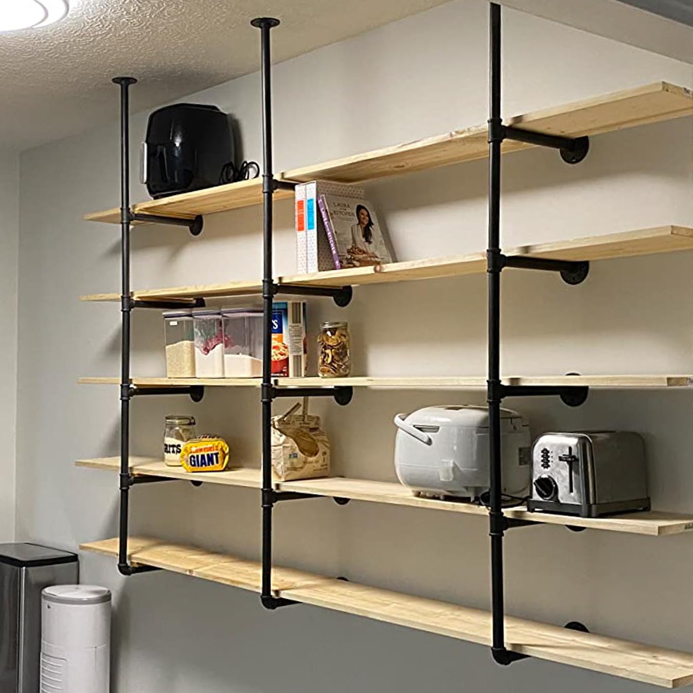 HITOMEN Industrial Iron Pipe Shelves, 3 Set 5-Tier 70.5" Tall 12" Depth, DIY Open Bookshelf Bookcase, Wall Mounted Vintage Retro Shelving, Rustic Farmhouse Pantry Kitchen Storage, Black Shelf Brackets