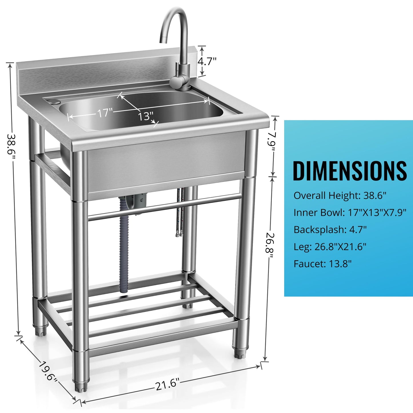 Utility Sink Free Standing Single Bowl Kitchen Sink with Cold and Hot Water Pipe Stainless Steel Sink for Garage Shop Laundry Room Basement Garden Farmhouse Mens Gifts Ourdoor Indoor fregadero