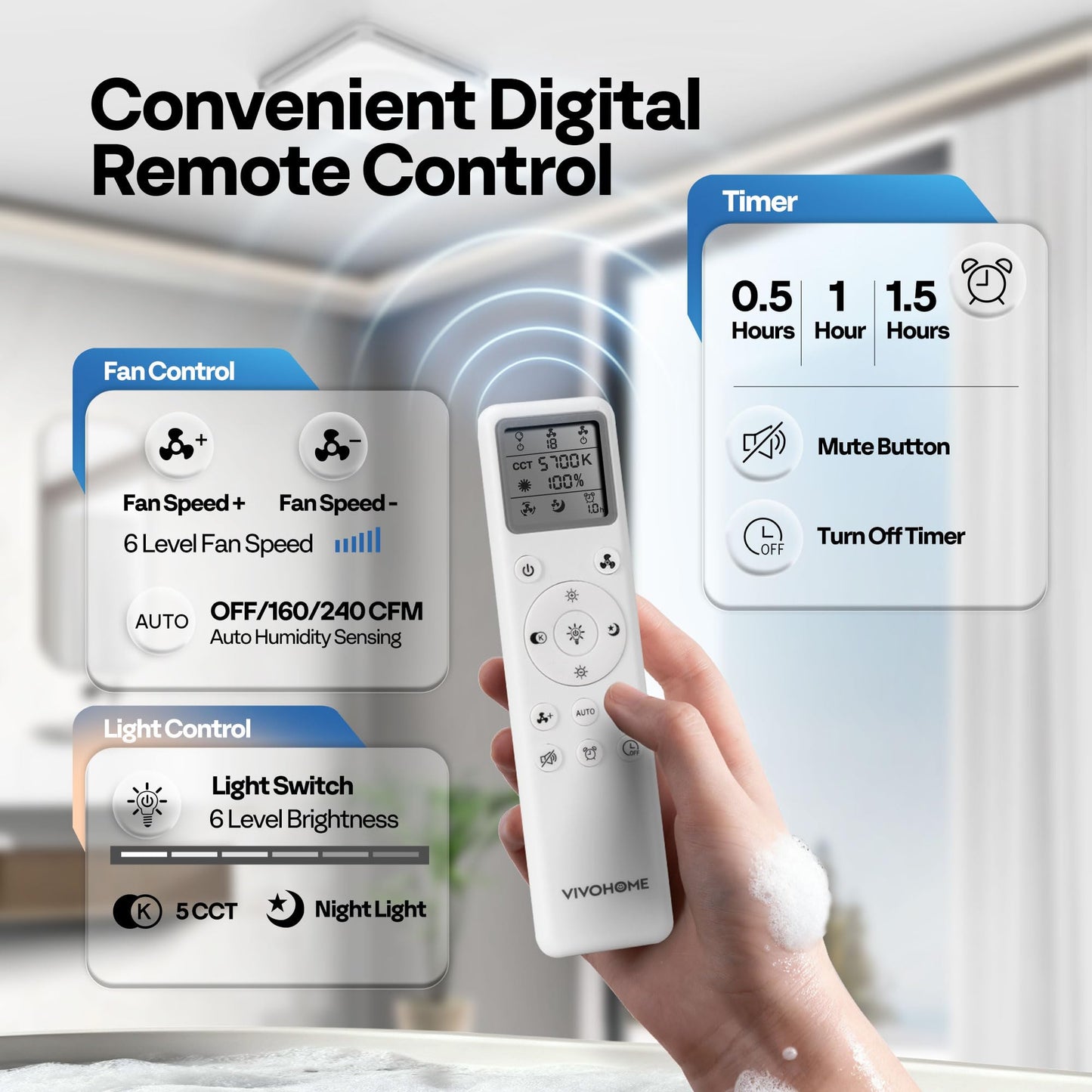 VIVOHOME Bathroom Exhaust Fan with Humidity Sensor, 240 CFM, 5-Colo with Humidity Sensor, 240 CFM, 5-Color LED, Remote Control and 10" Shutter Exhaust Fan with EC Motor, 900 CFM, Variable Speed, Timer