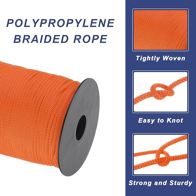 MECCANIXITY 1/8 Inch Polypropylene Rope Braided Ropes, 328ft Nylon Rope Hollow Utility Cord for Clothesline, Camping, Hiking, Outdoor, Dark Orange