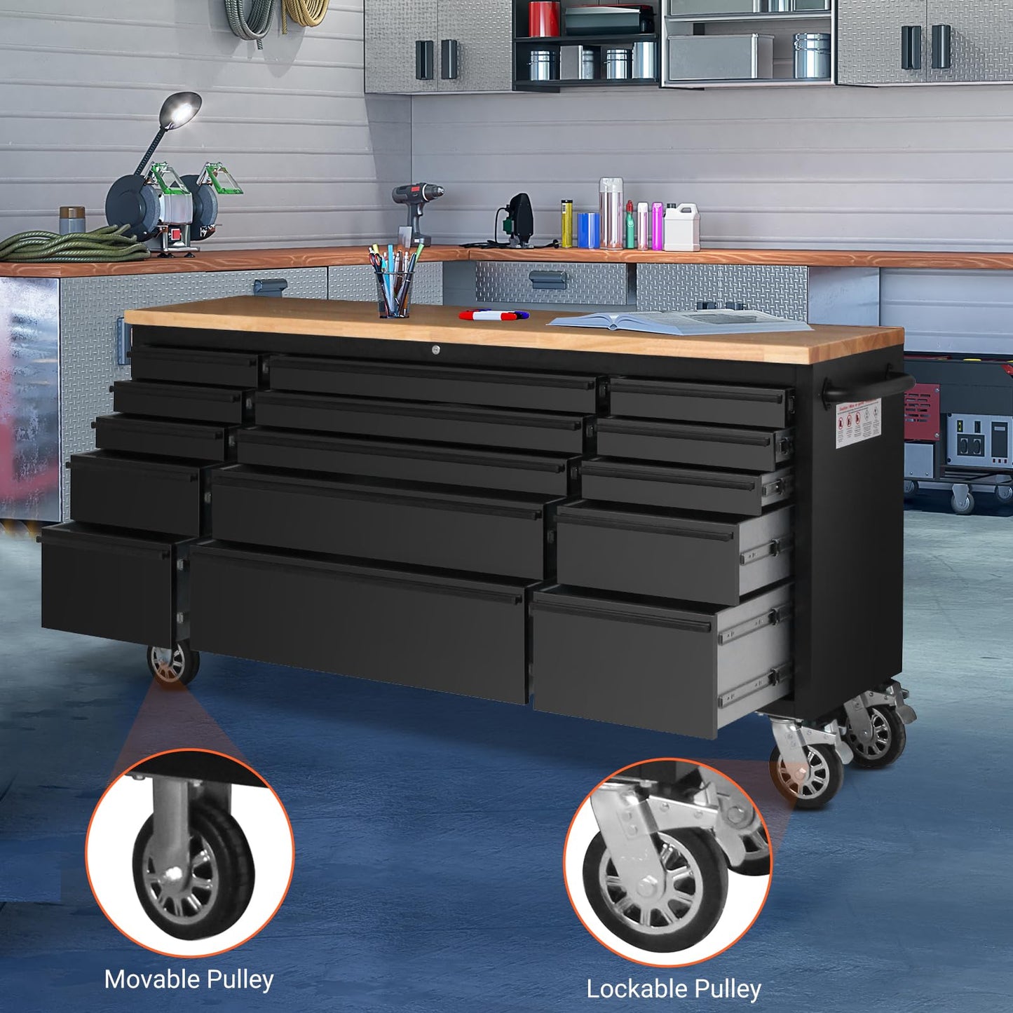 ExploreHorizon 72" Heavy-Duty Rolling Tool Chest & Garage Workbench with 15 Drawers, Steel Cabinet, Rubber Wood Top, Key Locking System, Drawer Liners, On Wheels for Warehouse Repair Shop, Black
