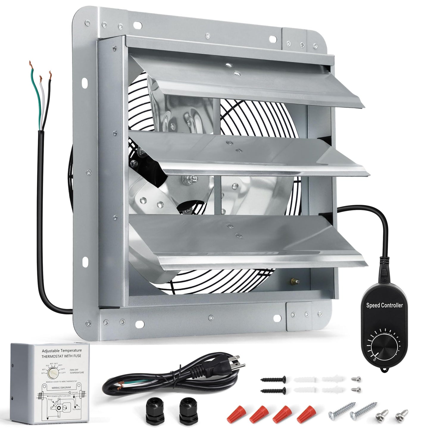 Hipoilk 14 Inch Shutter Exhaust Fan, High Power Wall Mount Attic Fan with Thermostat and Speed Controller for Greenhouses, Sheds, Garages, Chicken Coops, Barns Ventilation, 1088 CFM