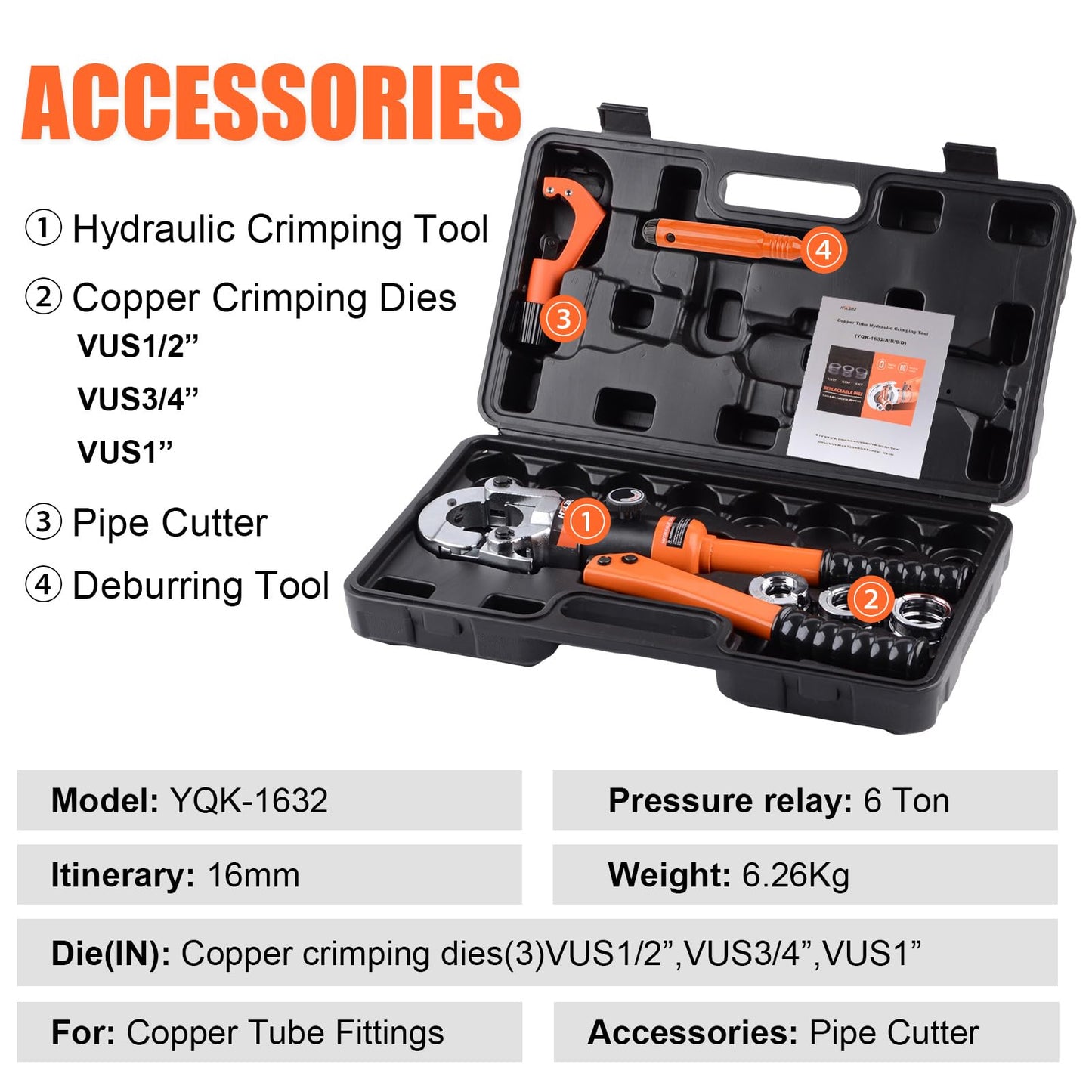 HZLZRZ Pro Press Copper Pipe Crimper Tool Kit with 3 Dies (1/2" 3/4" 1") for Plumbing & Water Heating, Includes Copper Tube Cutter and Burr Tool (YQK/1632D)