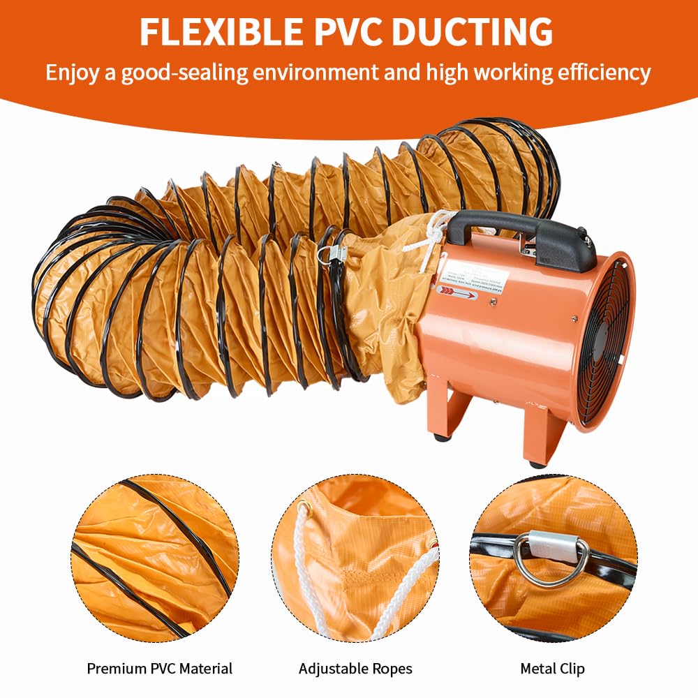 12Inch Utility Blower Fan with 16ft Flexible Duct Hose, 3900 m3/h High Velocity Portable Industrial Exhaust Fanial Extractor for Basements,Workshops,Warehouses,Confined Spaces (12IN Fan+16FT Hose)