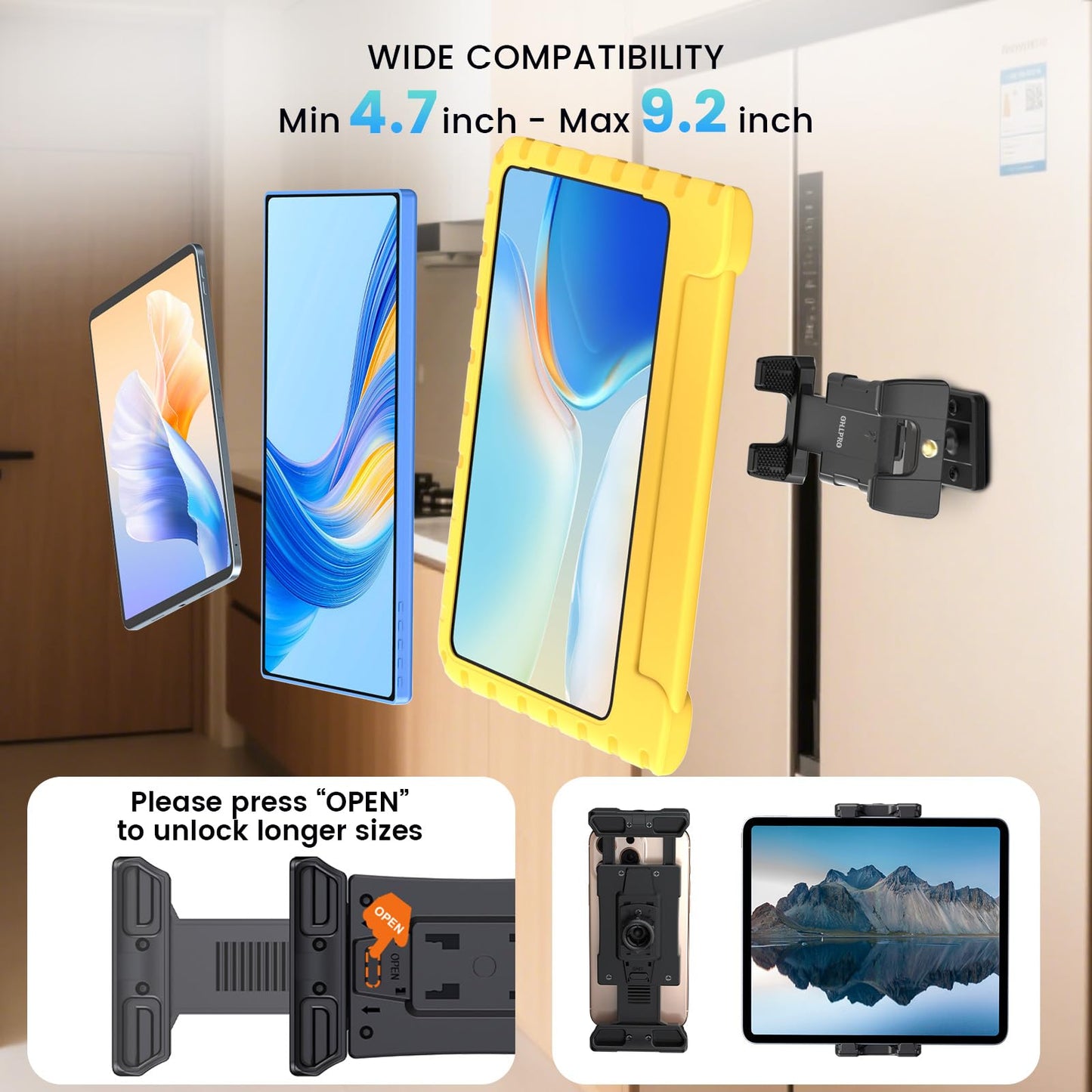 OHLPRO Magnetic Tablet Wall Mount Holder for Metal Surface, Super Power Magnet iPad Wall Holder 360° Rotation fit 5"-13" Phone and Tablet Great for Cabinet/Fridges/Metal Rack/Whiteboard/Gym Equipment