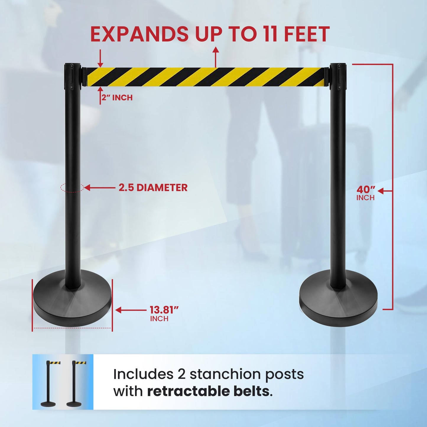 Crowd Control Warehouse Set of 2 Stanchion Retractable Belt Barriers, 11 Foot Black & Yellow Belt Barrier with 40” Black Posts, Premium Barriers with Heavy Duty Concrete Base, CCW Series RBB-100