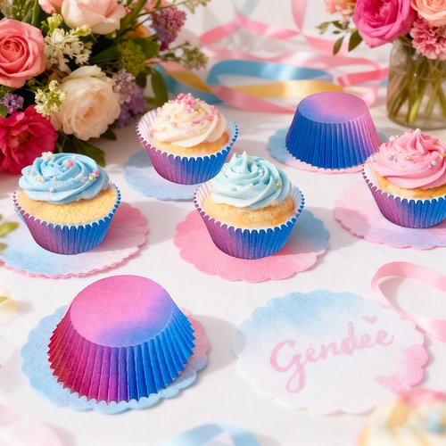 LUUDYOTU 100 Pcs Gender Reveal Cupcake Liners, Pink and Blue Baking Cups, Muffin Paper Wrapper Decorations for Birthday Party, Baby Shower(Gradient 100Pcs)