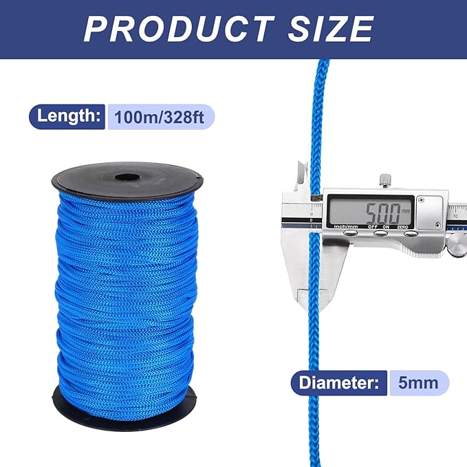MECCANIXITY 3/16 Inch Polypropylene Rope Braided Ropes, 328ft Nylon Rope Hollow Utility Cord for Clothesline, Camping, Hiking, Outdoor, Navy Blue