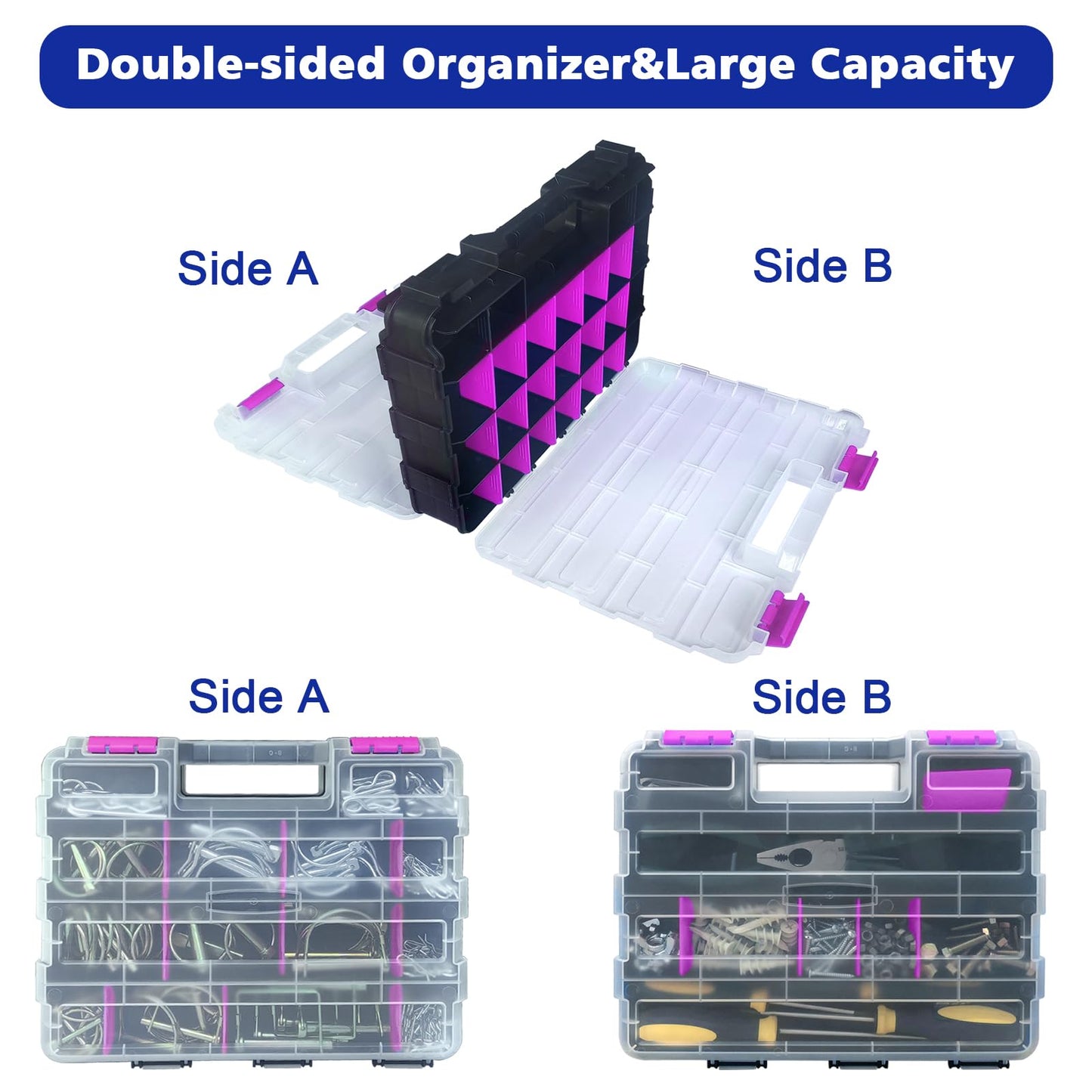 Tools Organizer Box Small Parts Storage Box 50-Compartment Double Side Hardware Organizers with Removable Plastic Dividers for Screws, Nuts, Nails, Bolts, Purple
