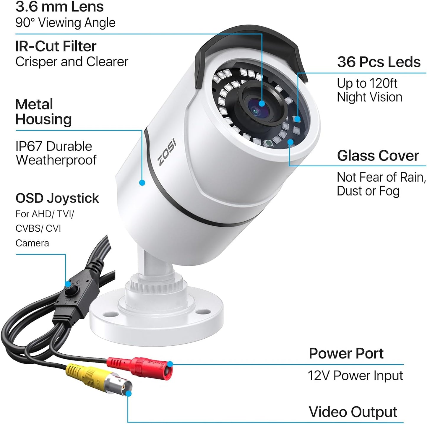 ZOSI 2MP 1080p 4-in-1 CVI/TVI/AHD/960H Security Camera Outdoor Indoor (Hybrid Analog CVBS), Night Vision, Weatherproof