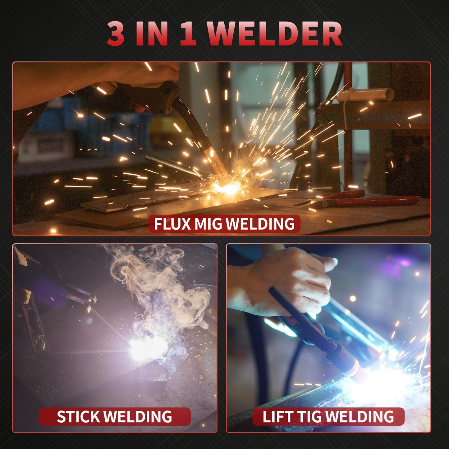 PUWU 135Amp 110V MIG Welder,Flux Core MIG/Lift TIG/Stick 3-in-1 Multiprocess Welder,IGBT Inverter Large LED Digital Display Welding Machine(RED)