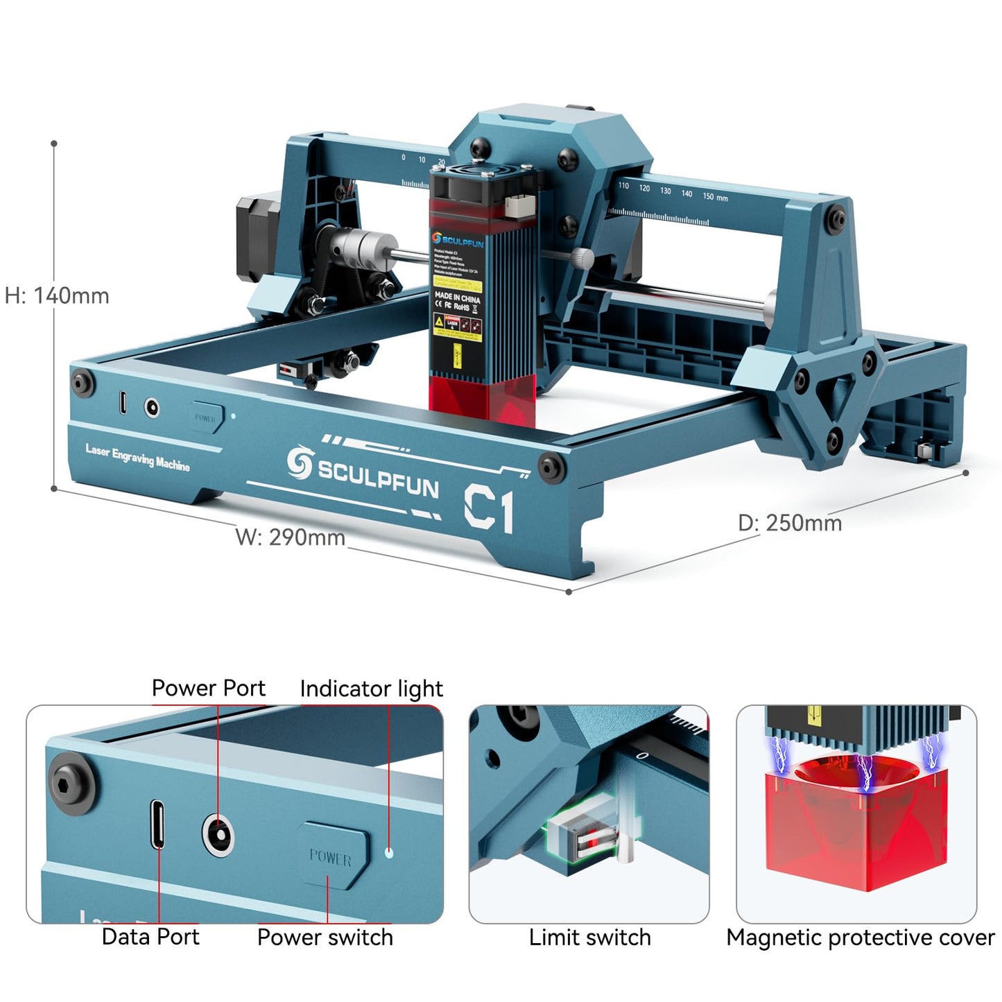SCULPFUN C1 Mini Laser Engraver, 3W Portable Laser Engraving Machine with 0.04mm Ultra Fine Spot, Work for DIY Beginners,Plywood,Leather,Kraft Paper,Slate, Engraving Area 150 * 130mm