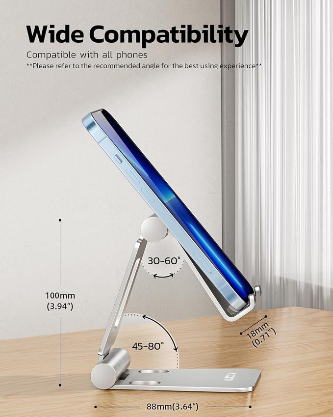 Nulaxy 2 Pack Dual Folding Cell Phone Stand, Fully Adjustable Foldable Desktop Phone Holder Cradle Dock Compatible with iPhone 17 16 15 14 13 12 Pro Max Xs Xr, All Phones, Silver