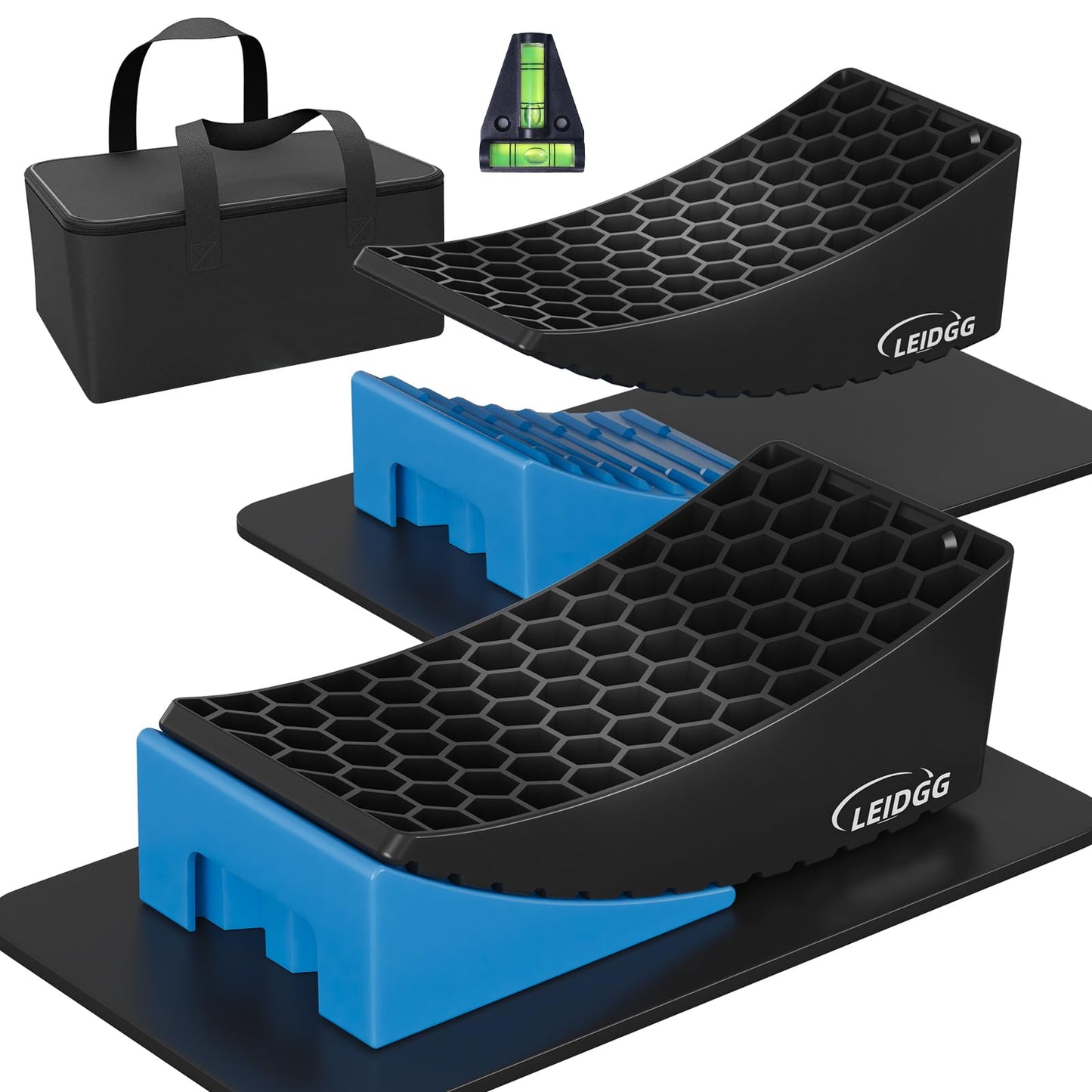 LEIDGG 2Packs RV Leveling Blocks System Kit Camper Leveling Blocks for RVS Trailer with Carrying Bag, Anti-Slip Mats, T Bubble Level Up to 35000 LBS Blue