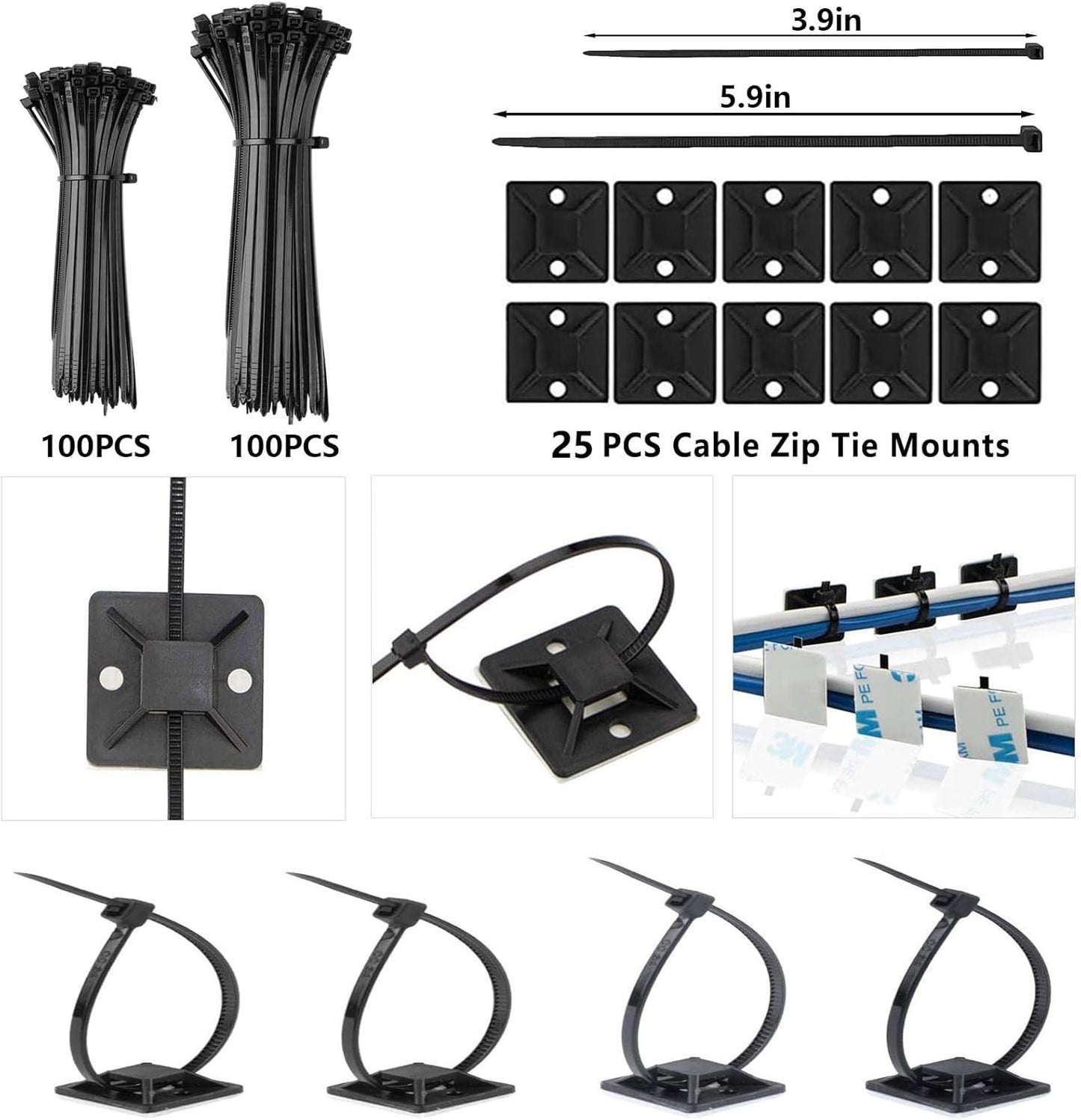 ELII 328Pcs 8 Holder,69Adhesive Clips,4 Split,22Reusable Strap,200 25 Cable Management Kit, Magnetic Cable Cable Cable