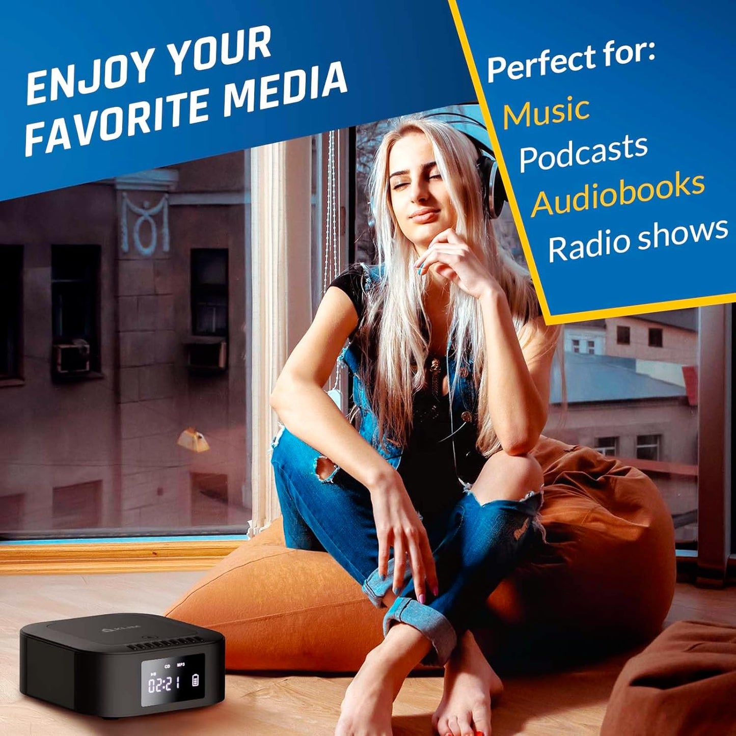 KLIM E1 MP3 Boombox with CD case - CD Player Portable Audio System + Extra BASS with Subwoofer + FM Radio, Bluetooth