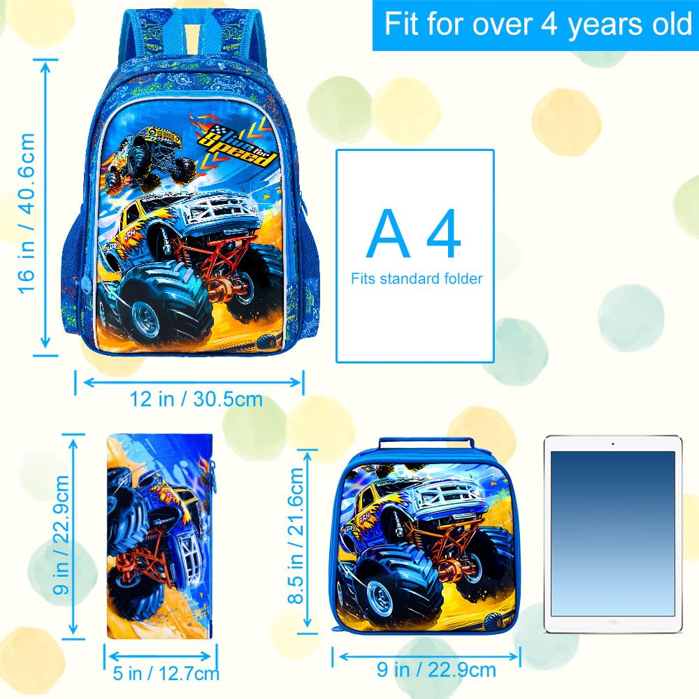 KLFVB 3PCS Boys Truck Backpack, Water Resistant Kids Bookbag with Lunch Box, 16" Preschool Backpacks for Elementary - Truck Blue