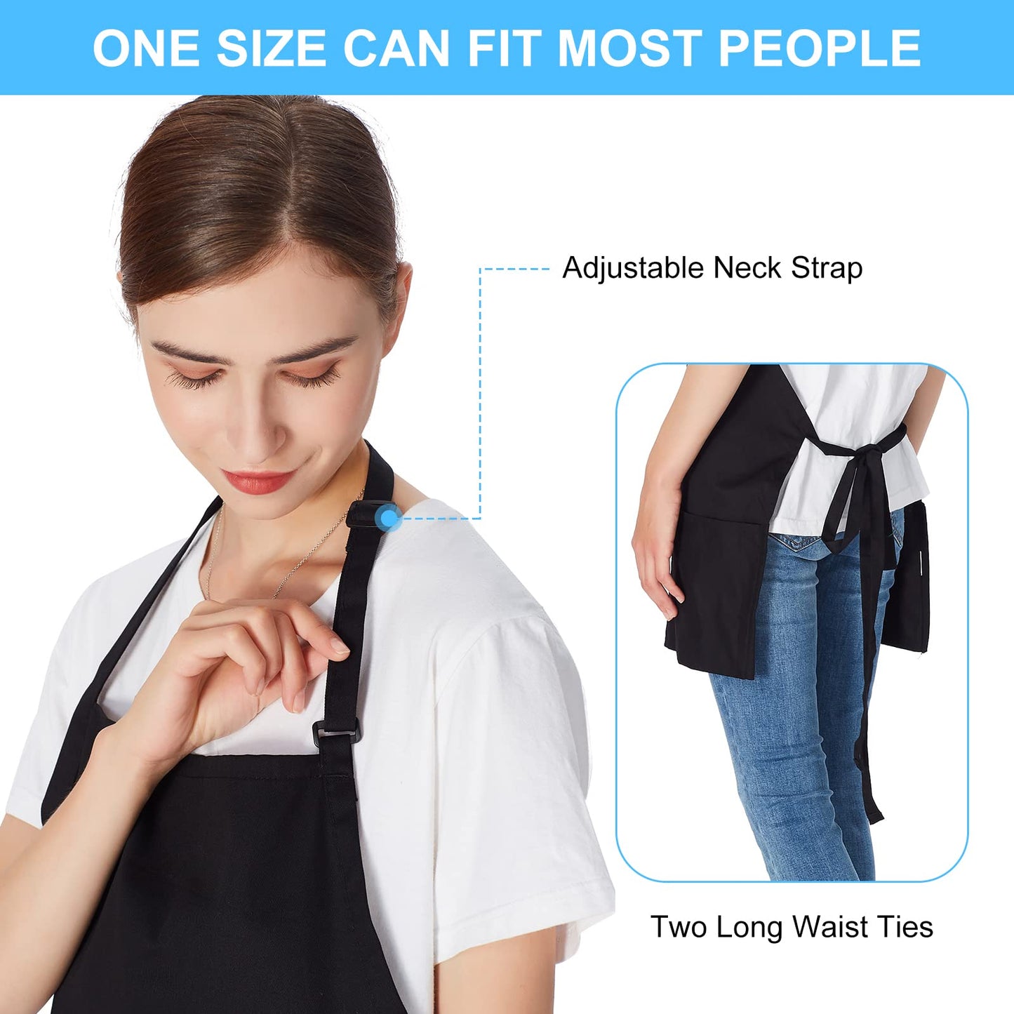 Jubatus 2 Pack 3 Pockets 100% Cotton Adjustable Bib Apron Chef Kitchen Cooking Aprons for Women Men, Black